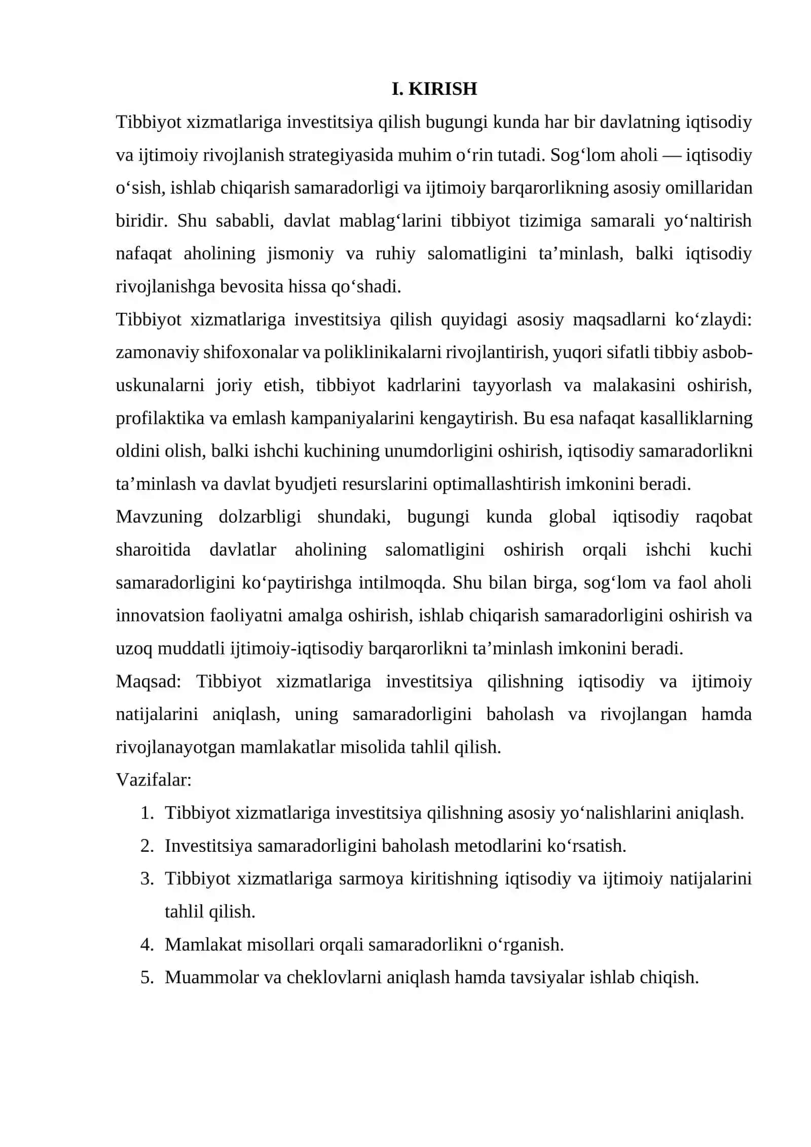 Tibbiyot Xizmatlariga Investitsiya Qilish va Uning Iqtisodiy Natijalari 2