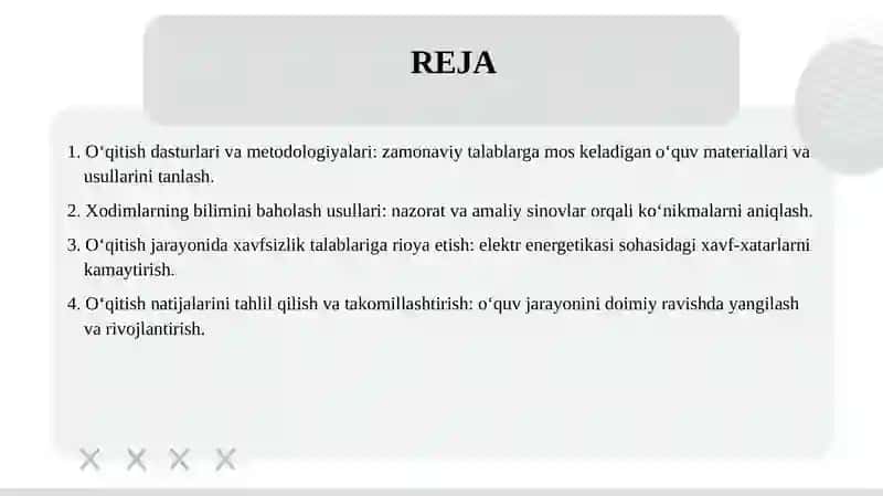 Elektr energetikasi obyektlarida xodimlarni oʻqitish va ularning bilimini sinash ishlarini oʻtkazish shartlari 2