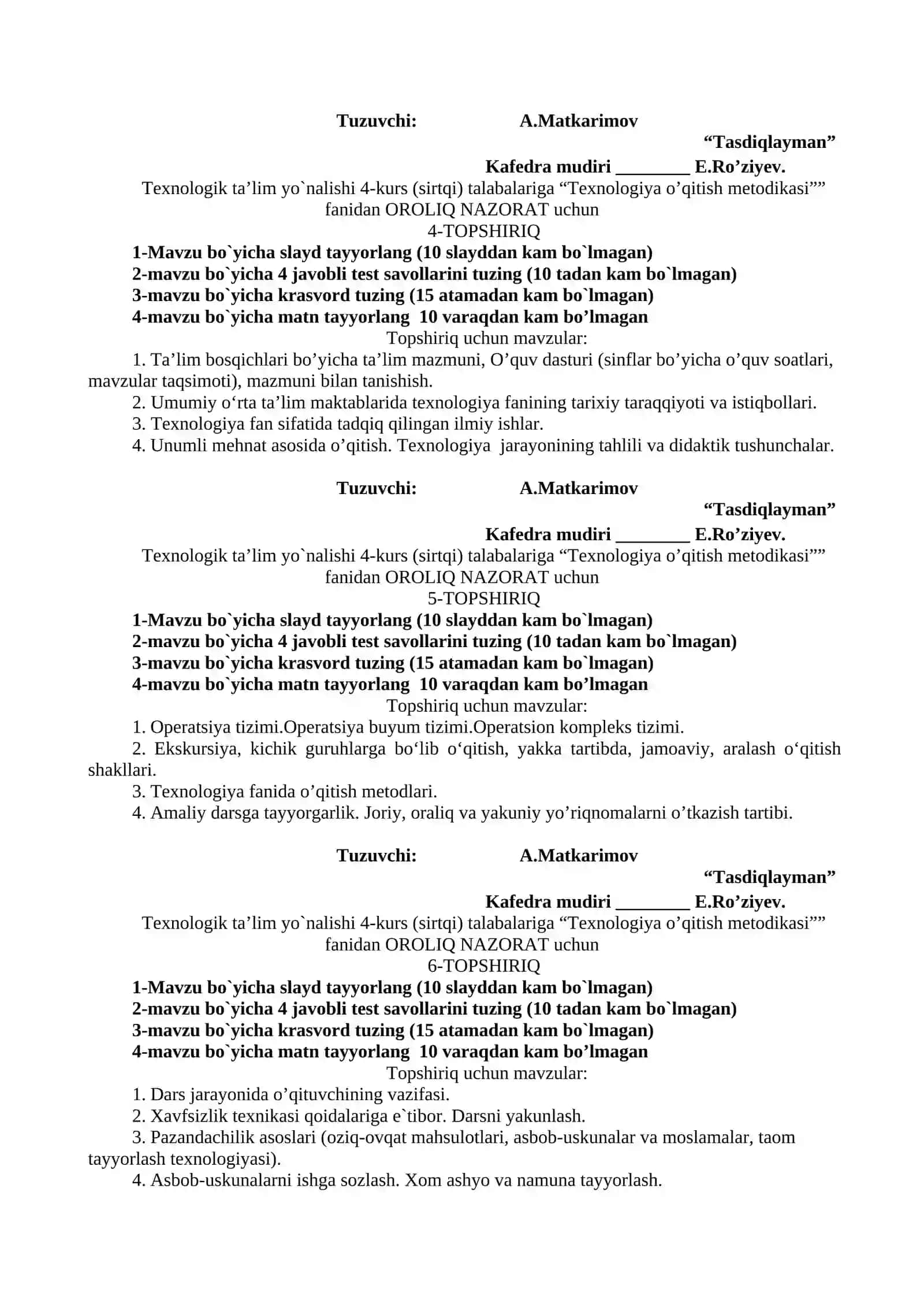Texnologiya ta’limi metodikasi fanidan Oraliq nazorat topshiriqlari 2