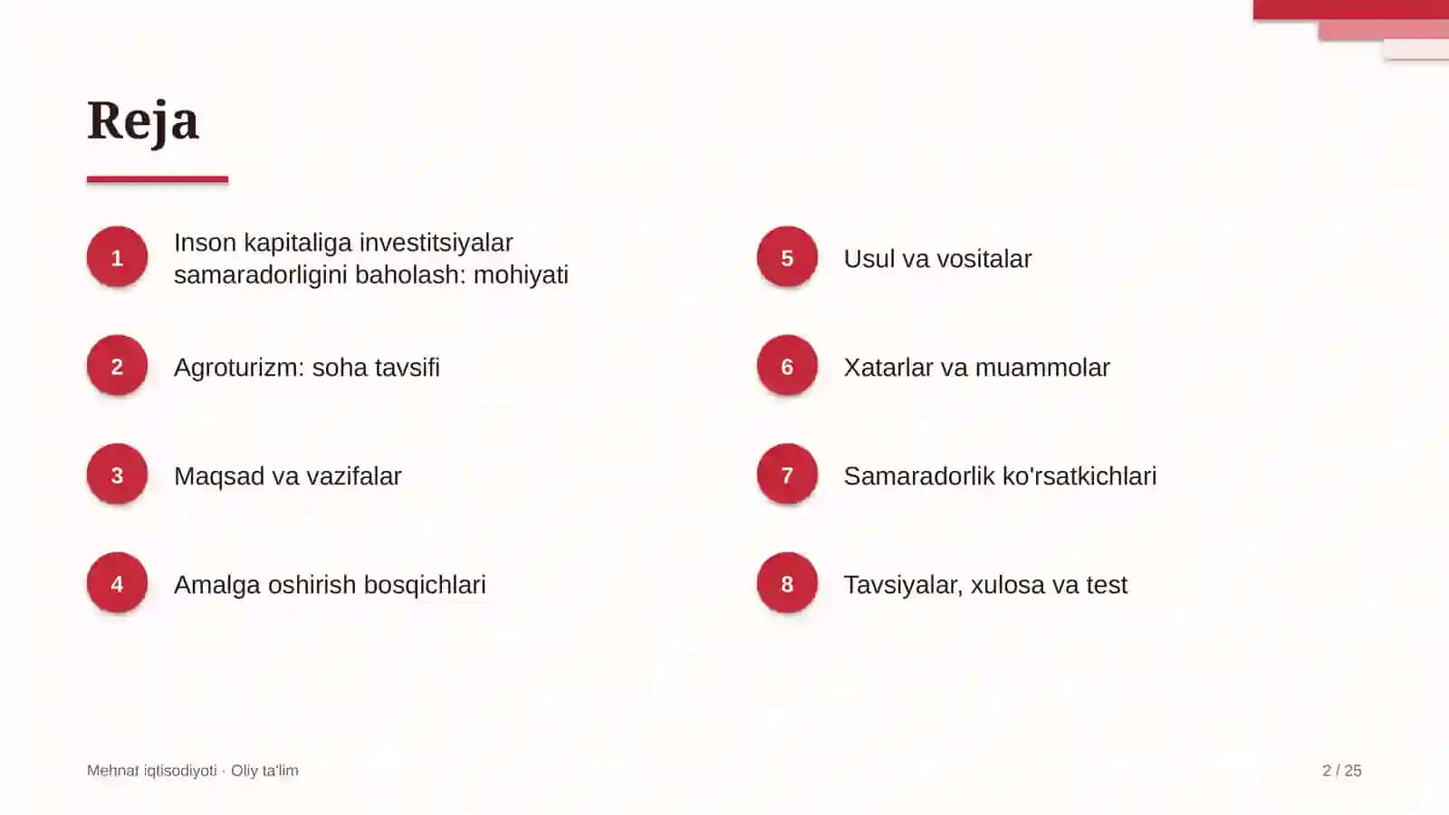 Agroturizmda insonga qilingan investitsiyalar samaradorligini baholash 2