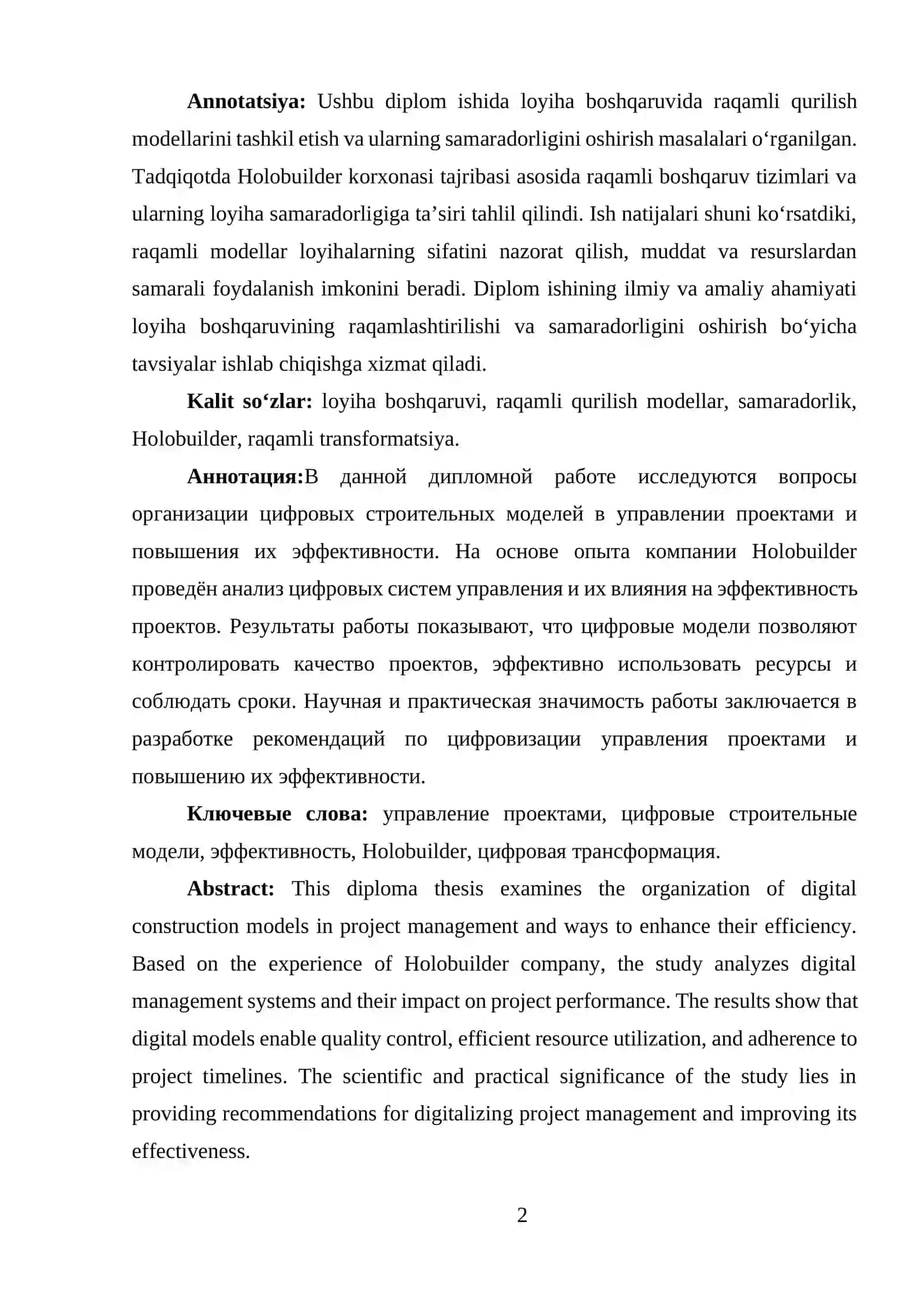 Loyiha boshqaruvida raqamli qurilish modellarini tashkil etish va ularning samaradorligini boshqarish (Holobuilder korxonasi misolida) 2