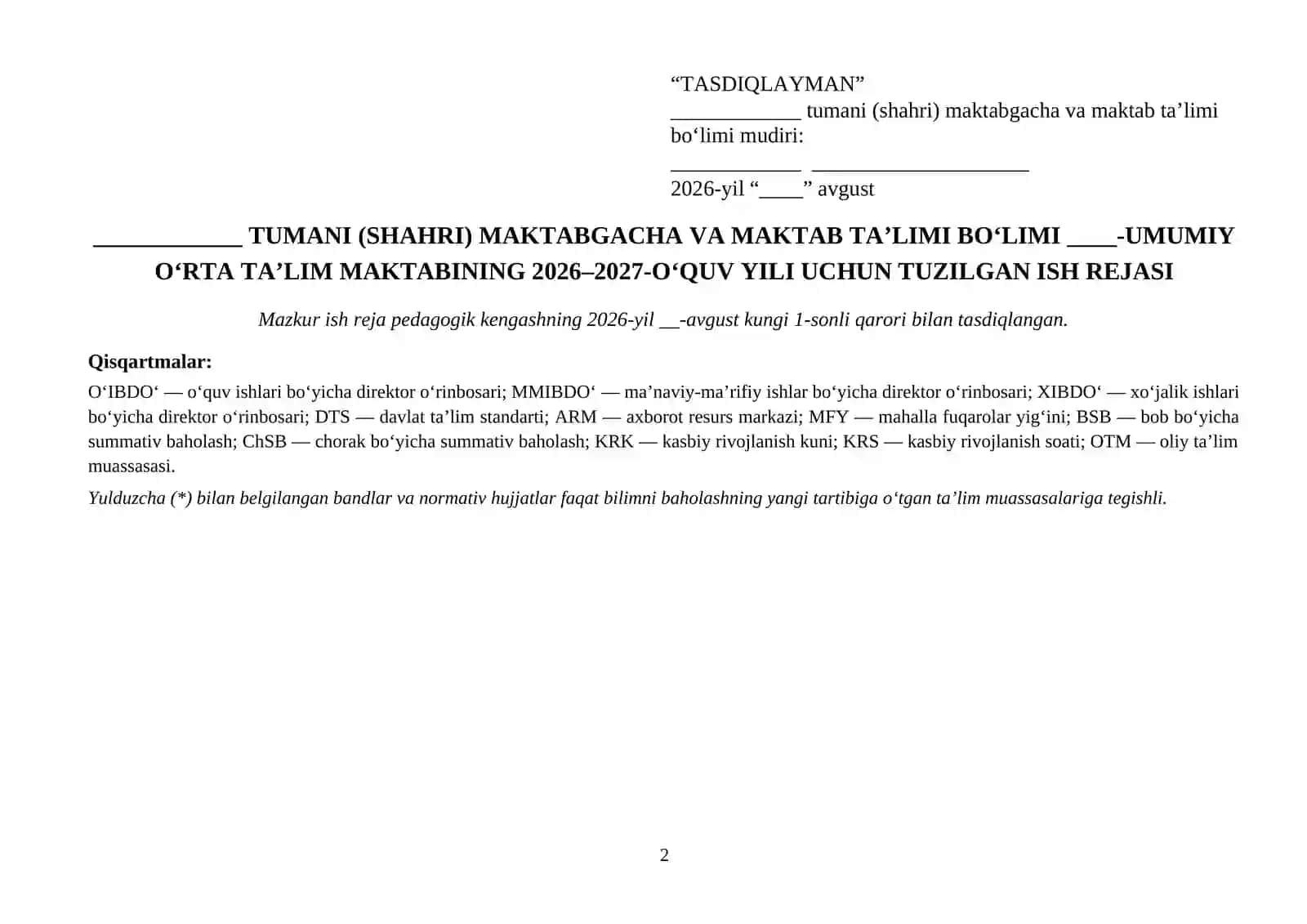 MAKTAB ISH REJASI 2026-2027 O'QUV YILI 2