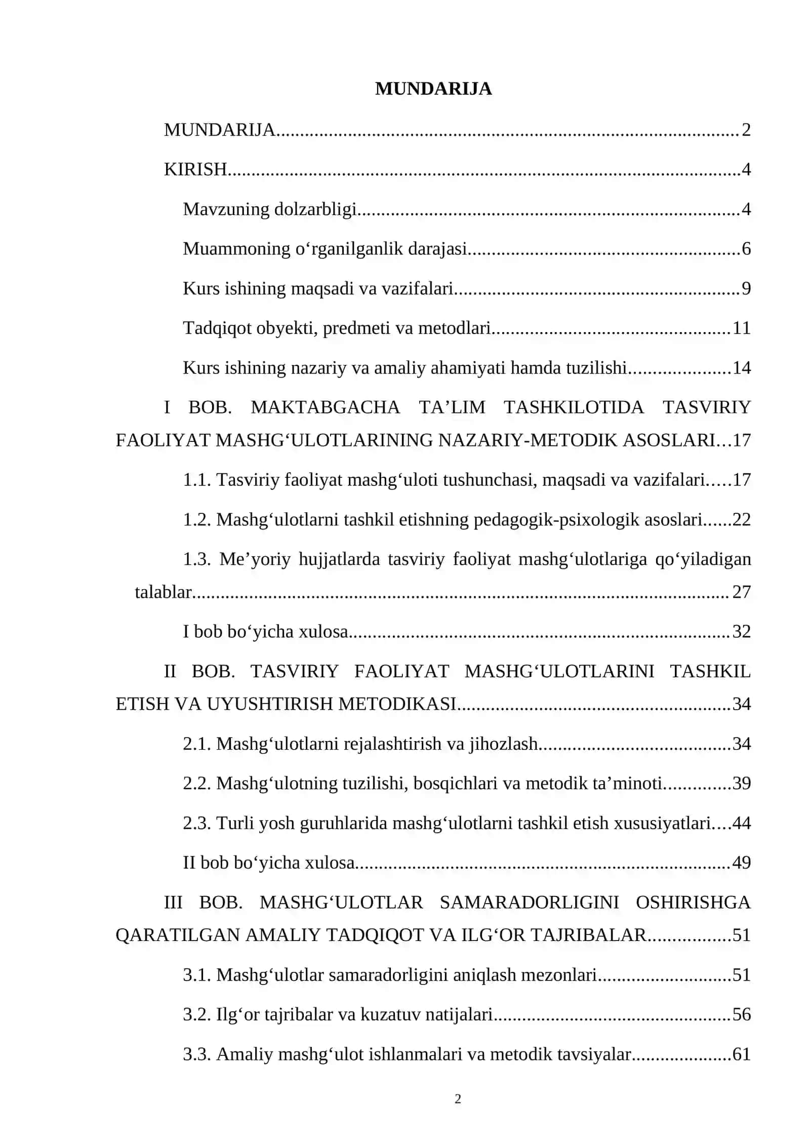 TASVIRIY FAOLIYATGA O‘RGATISH METODIKASI KURS ISHI 2