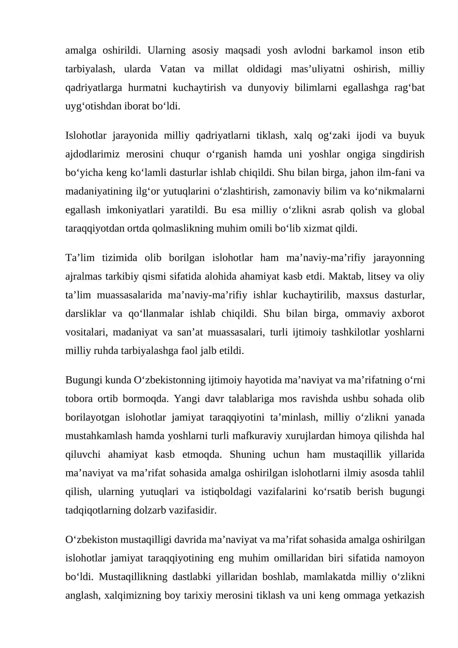 O‘zbekiston mustaqilligi davrida ma’naviyat va ma’rifat sohasidagi islohotlarning tahlili 2
