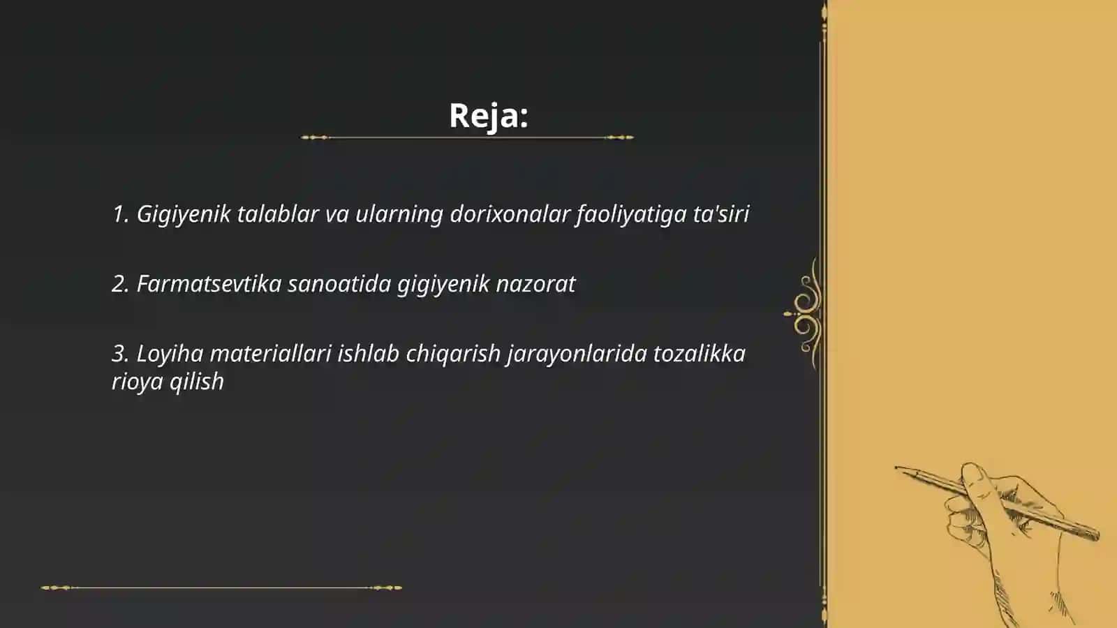 Loyiha matireallari boyicha ishlab chiqarish va dorixona muassasalariga bolgan gigenik talablar va ularni baholash 2