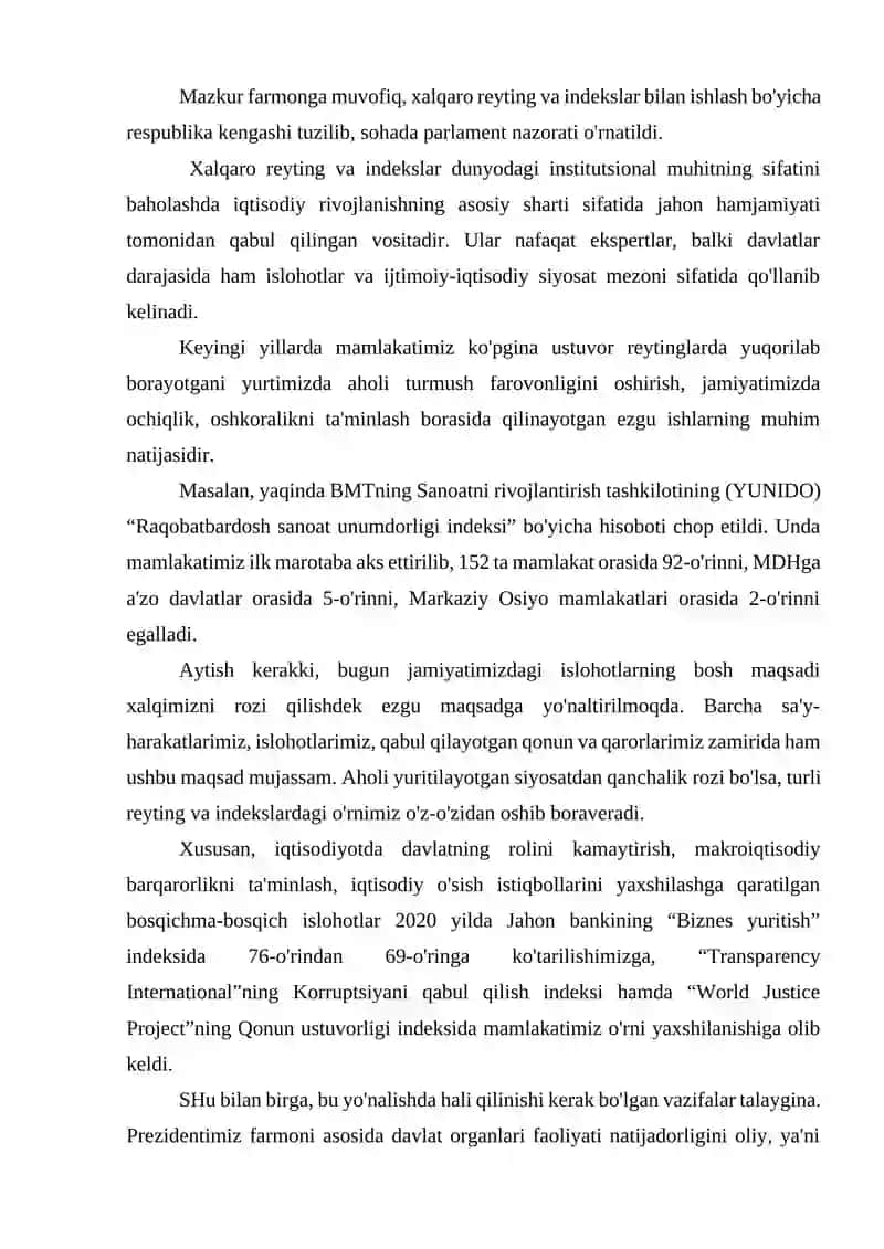 YANGI O‘ZBEKISTONNING IJTIMOIY-SIYOSIY IQTISODIY VA MADANIY HAYOTIDA RO‘Y BERAYOTGAN O’ZGARISHLARNING XALQARO REYTING VA INDEKSLARDA AKS ETISHI 2