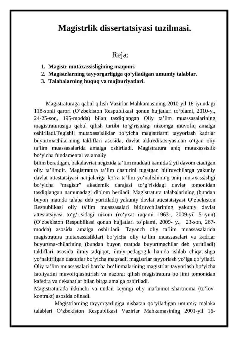 Magistrlik dissertatsiyasi tuzilmasi. 2