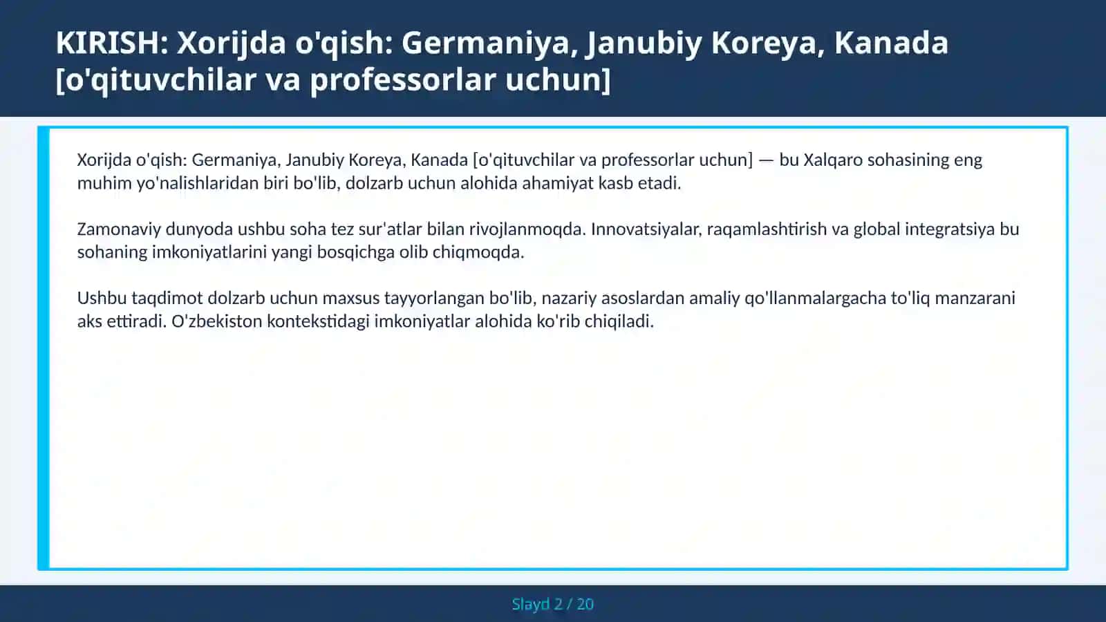 Xorijda o'qish: Germaniya, Janubiy Koreya, Kanada [o'qituvchilar va professorlar uchun] 2
