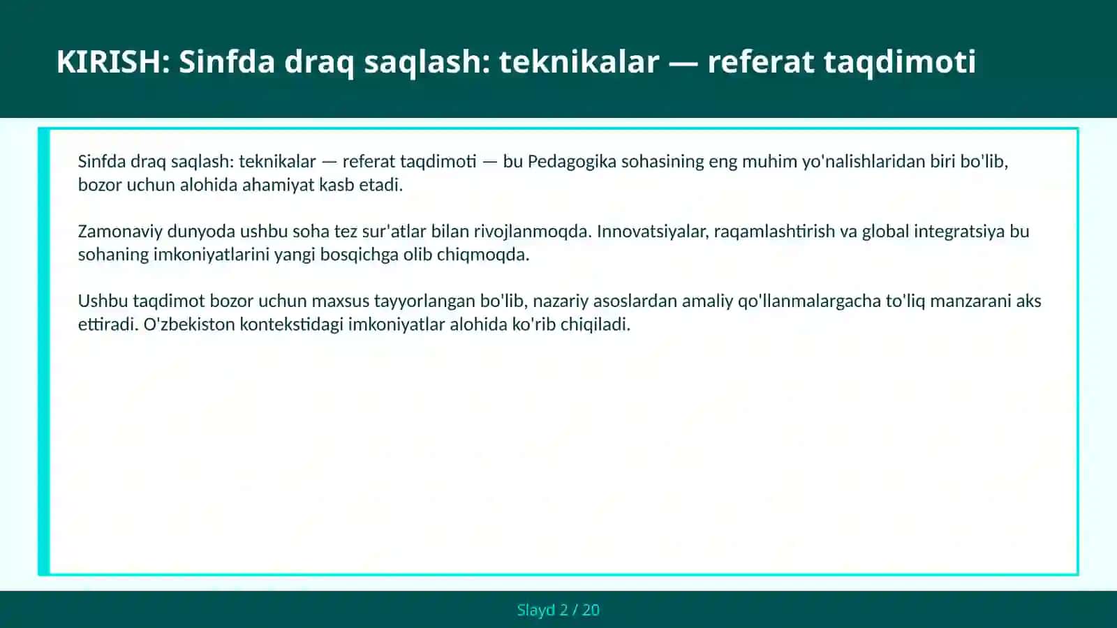 Sinfda draq saqlash: teknikalar — referat taqdimoti 2