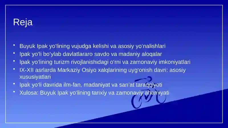 Buyuk Ipak yo'lining shakllanish tarixi. Buyuk ipak yo'lining davlatlararo hamkorlik va turizmni rivojlantirishdagi ahamiyati. IX-XII asrlarda Markaziy Osiyo xalqlarining uyg'onish davri 2