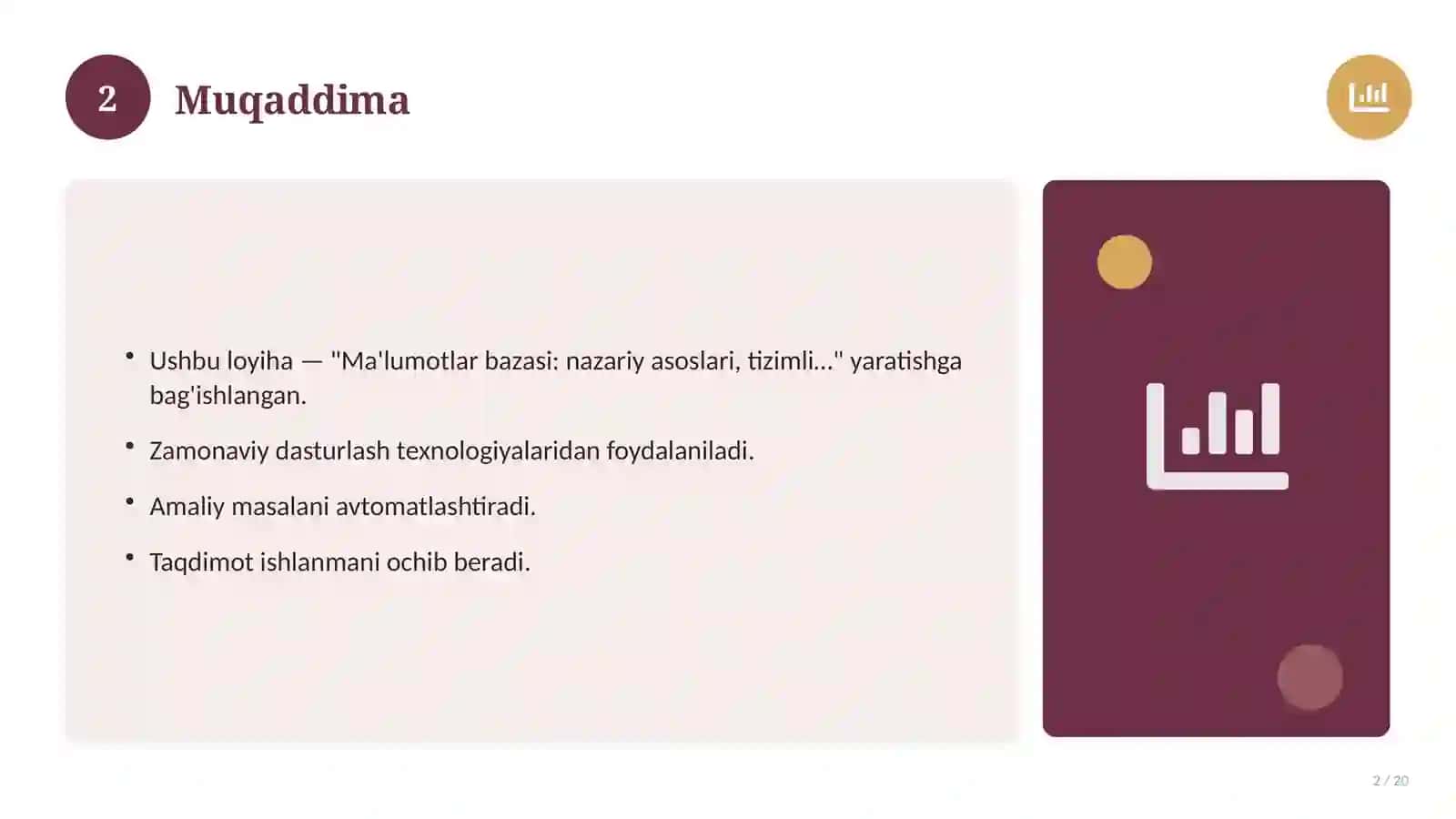 Ma'lumotlar bazasi: nazariy asoslari, tizimli yondashuvda (Magistrlik dissertatsiyasi mavzusi) 2