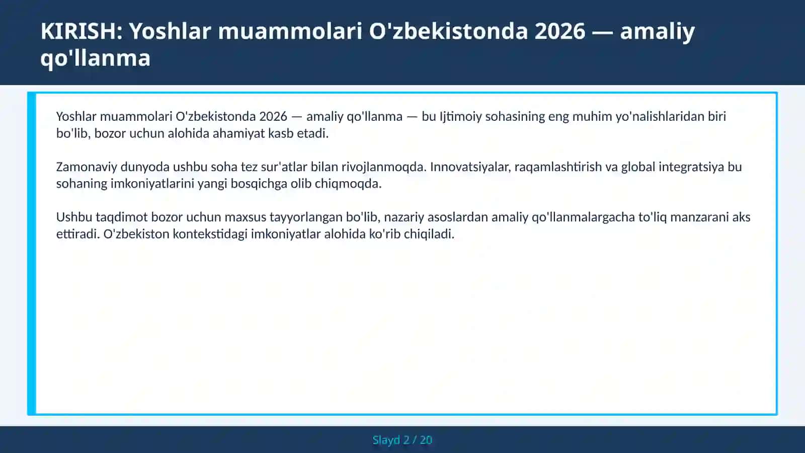 Yoshlar muammolari O'zbekistonda 2026 — amaliy qo'llanma 2