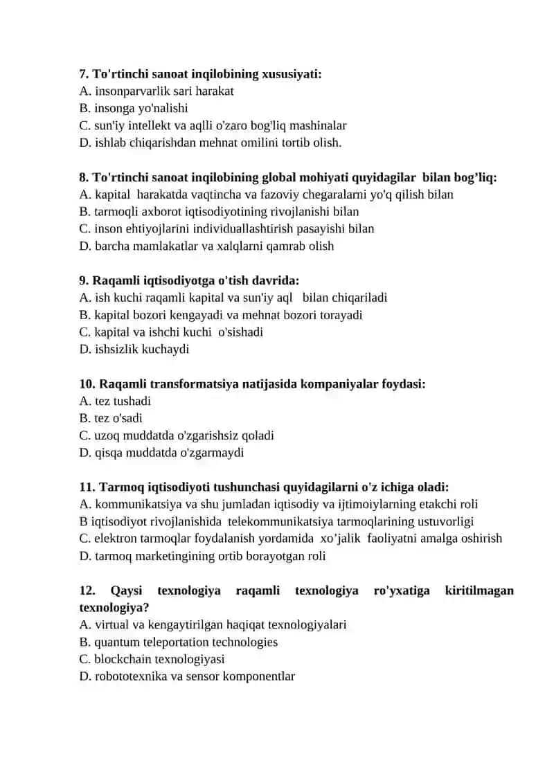 RAQAMLI IQTISODIYOT FANIDAN TEST SAVOLLARI 2