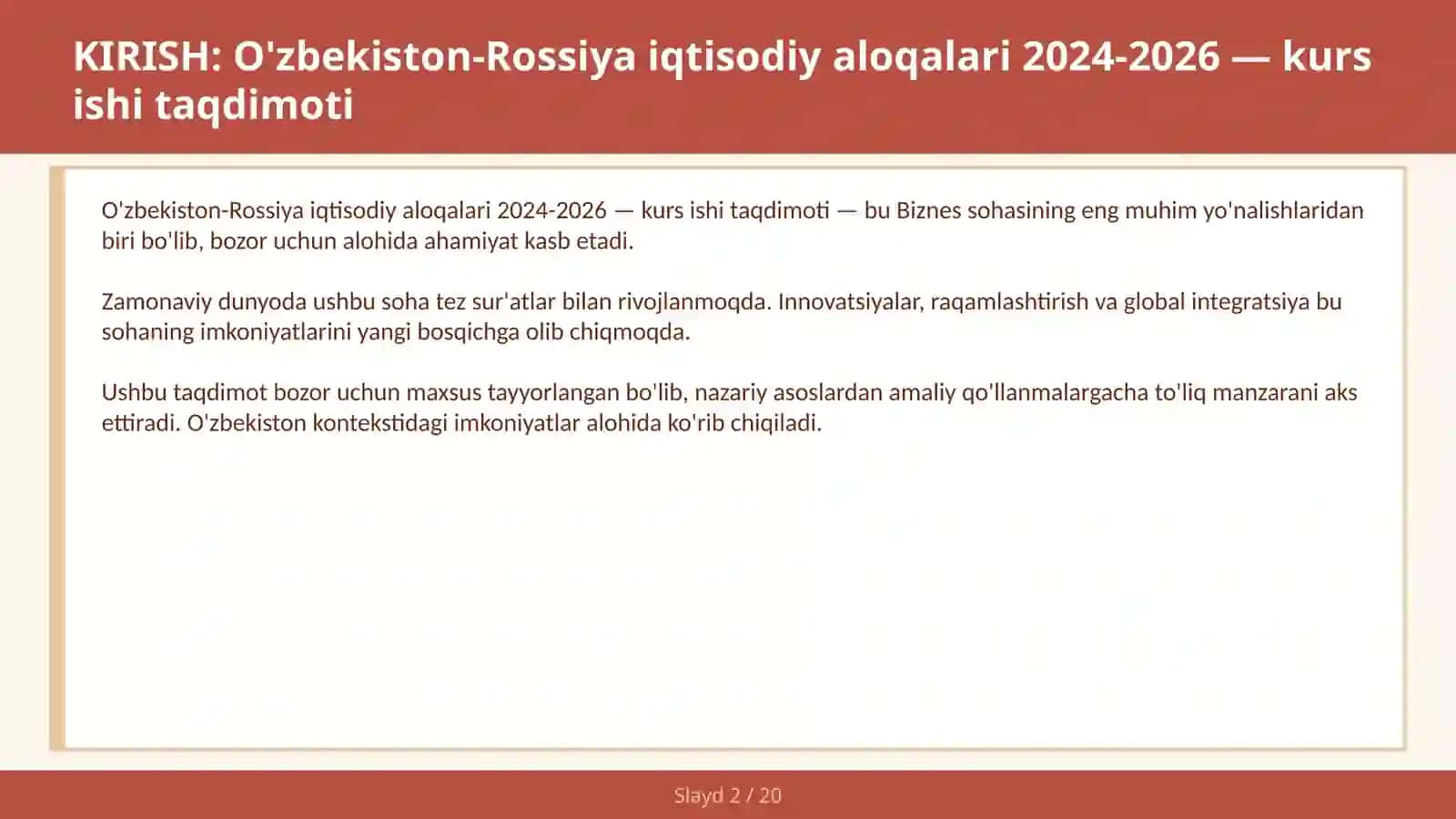O'zbekiston-Rossiya iqtisodiy aloqalari 2024-2026 — kurs ishi taqdimoti 2
