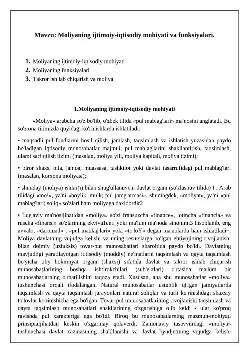 Moliyaning ijtimoiy-iqtisodiy mohiyati va funksiyalari 2