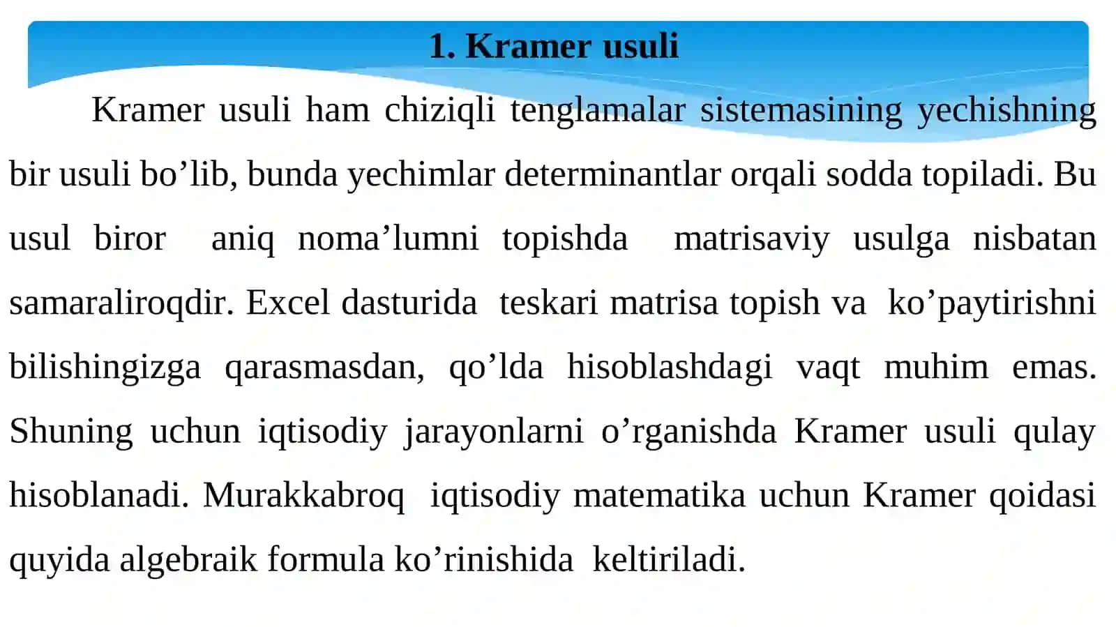 Chiziqli tenglamalar sistemasi Kramer va Gauss usullarida yechish 2