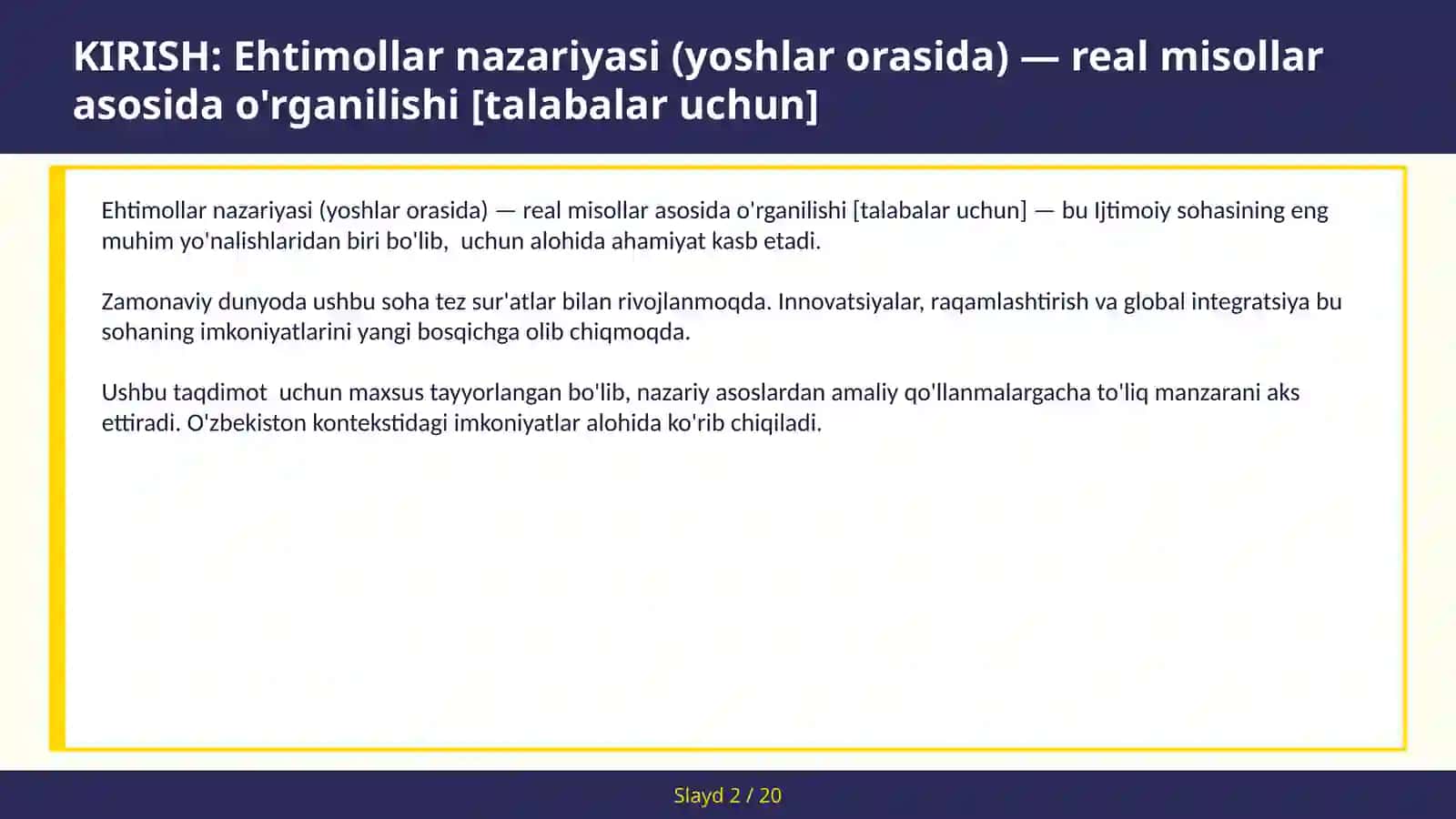 Ehtimollar nazariyasi (yoshlar orasida) — real misollar asosida o'rganilishi [talabalar uchun] 2