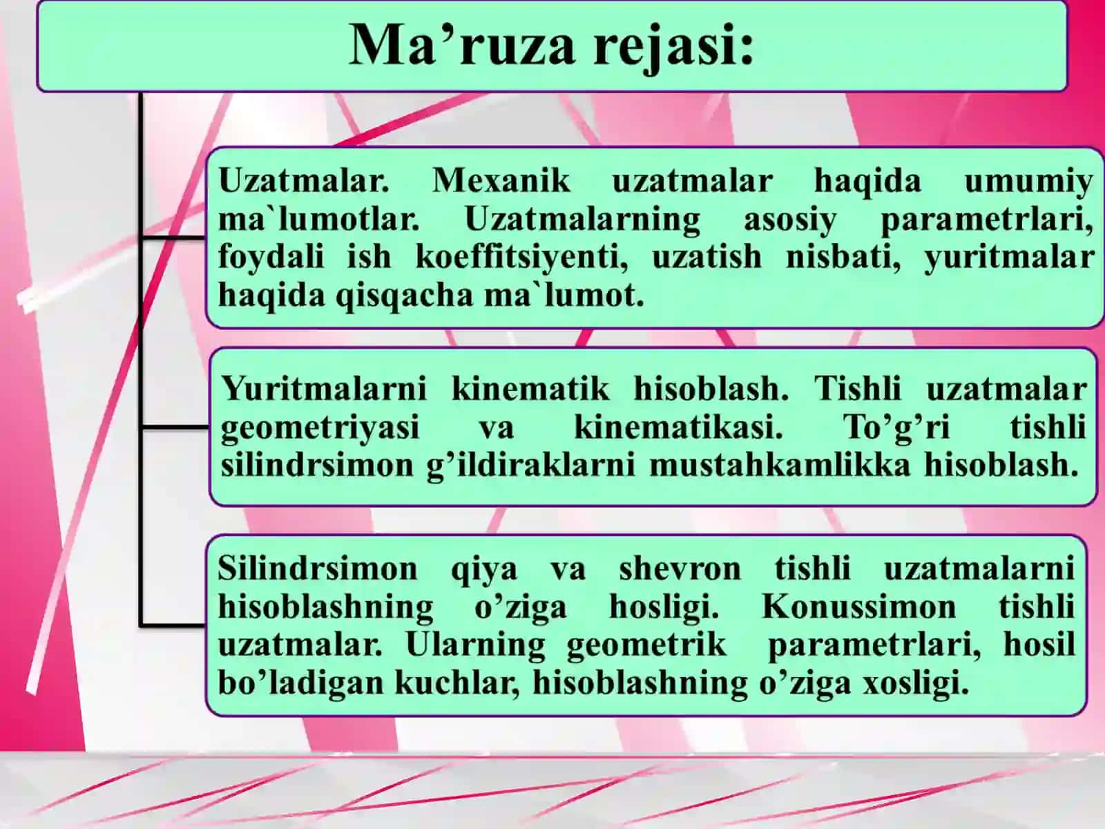 Konussimon tishli uzatmalar. Ularning geometrik parametrlari hosil bo’ladigan kuchlar hamda hisoblashning o’ziga xosligi 2