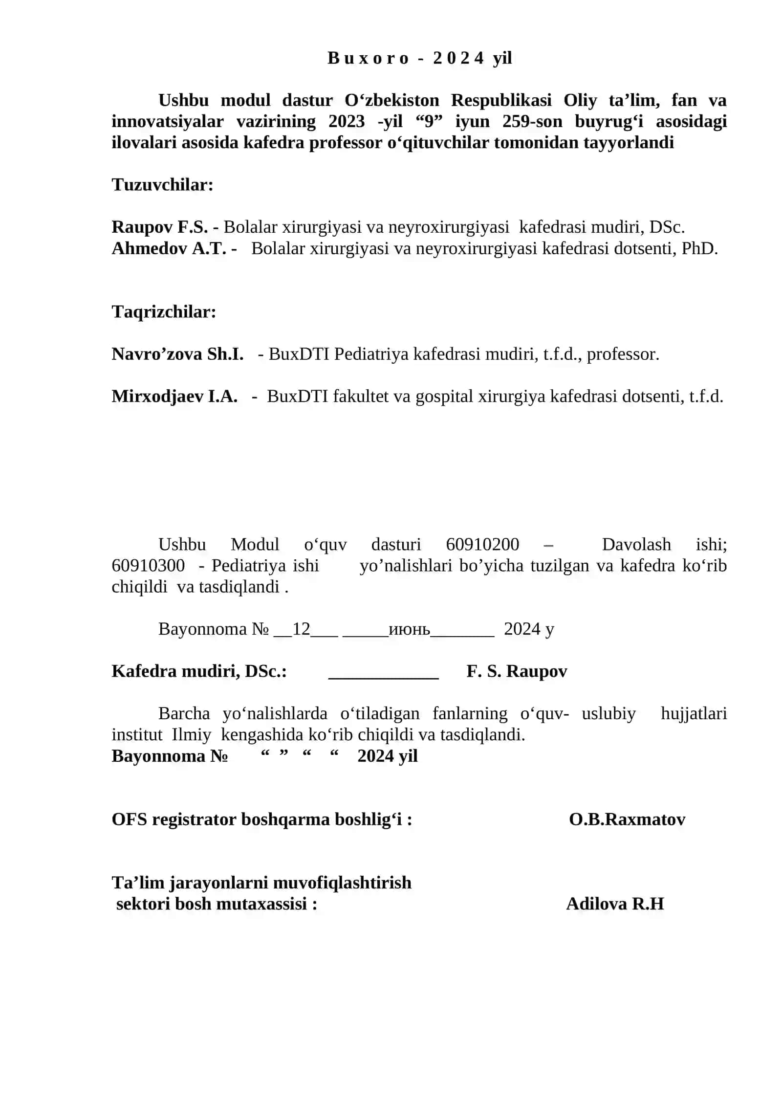 BOLALAR XIRURGIYASI va NEYROXIRURGIYASI KAFEDRASI MODUL DASTURI 2