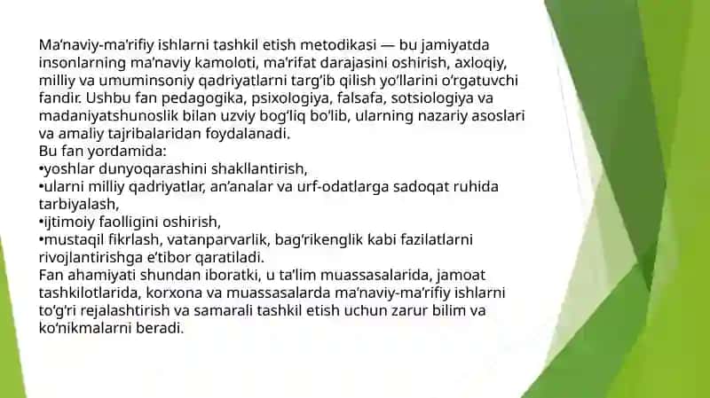 Ma’naviy-ma’rifiyishlarni tashkilotish metodikasi 2