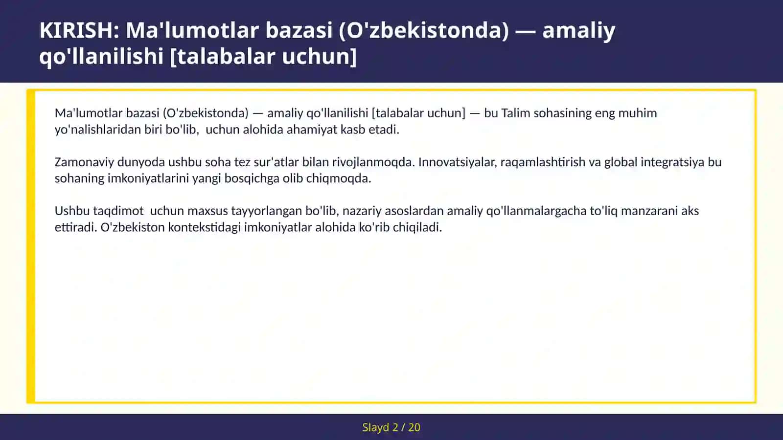 Ma'lumotlar bazasi (O'zbekistonda) — amaliy qo'llanilishi [talabalar uchun] 2