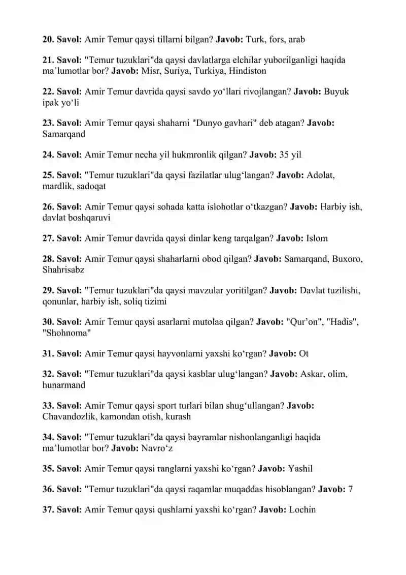 Amir Temur hayoti va "Temur tuzuklari" asaridan 50 ta savol-javob 2