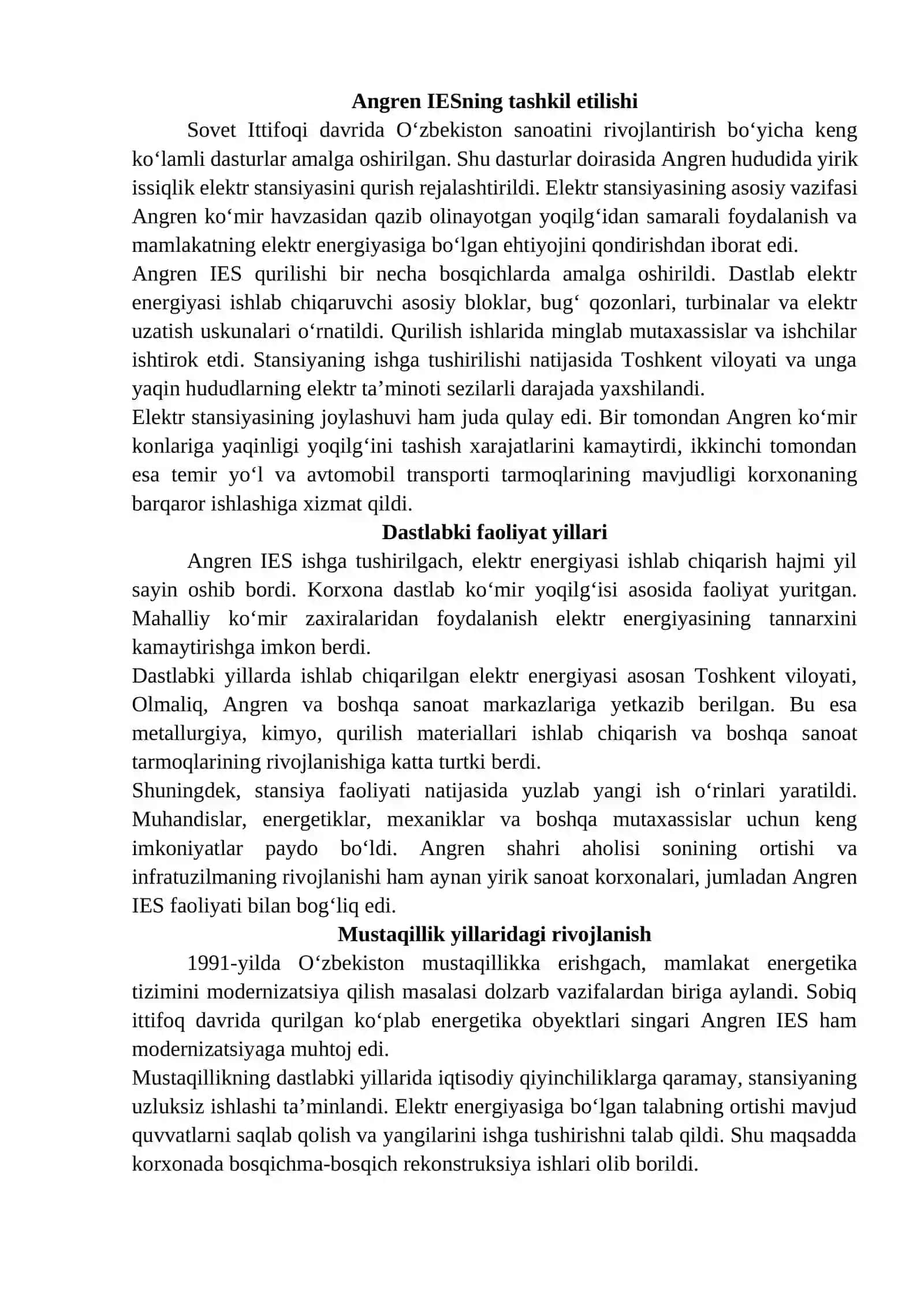 Angren IESning tashkil topishi va rivojlanish tarixi 2