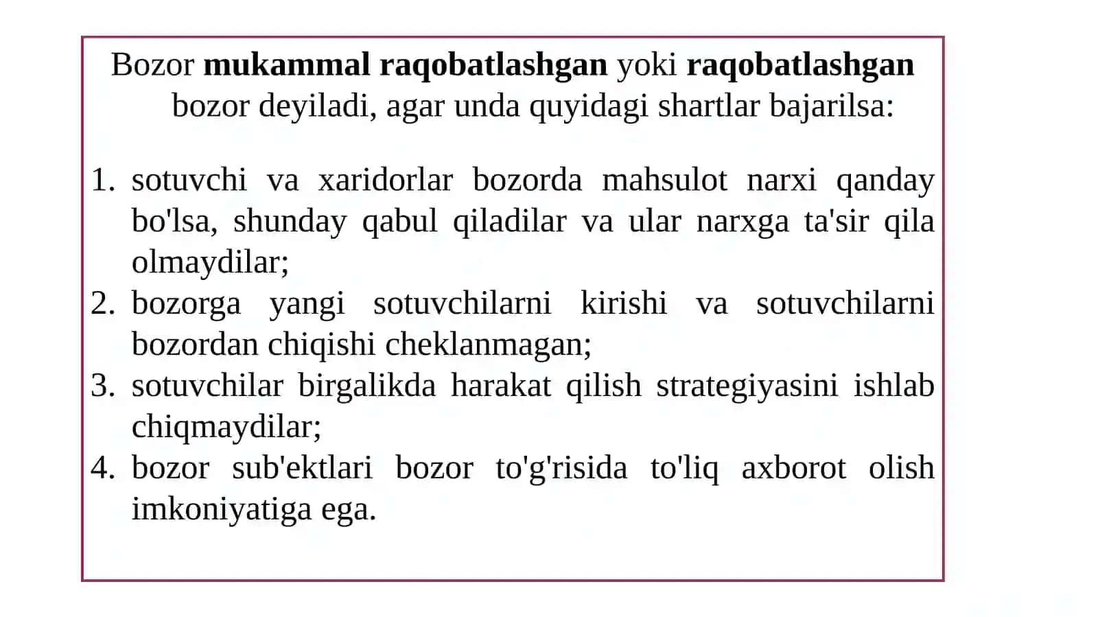 Raqobatlashgan bozorda, qisqa muddatli firma foydasini maksimallashtirish va uning taklifi 2