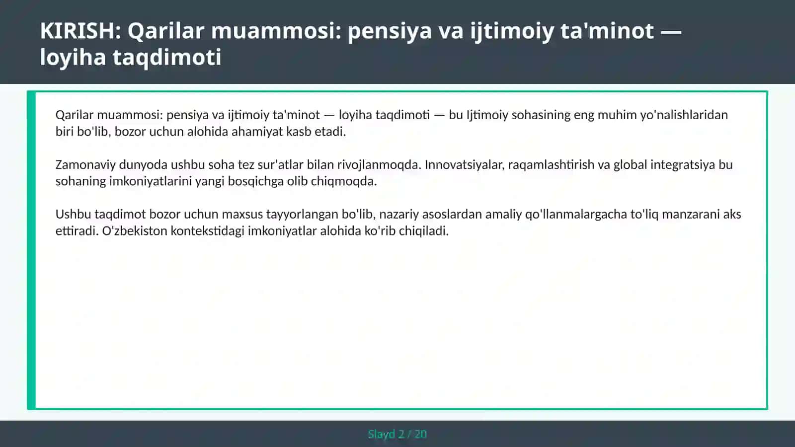 Qarilar muammosi: pensiya va ijtimoiy ta'minot — loyiha taqdimoti 2