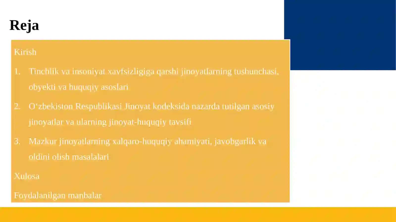 TINCHLIK VA INSONIYATNING XAVFSIZLIGIGA QARSHI JINOYATLAR 2