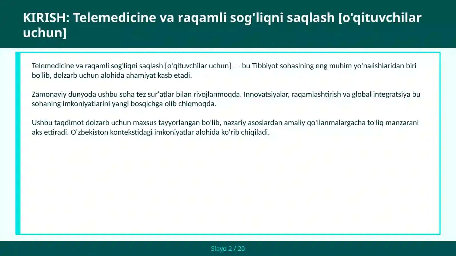 Telemedicine va raqamli sog'liqni saqlash [o'qituvchilar uchun] 2