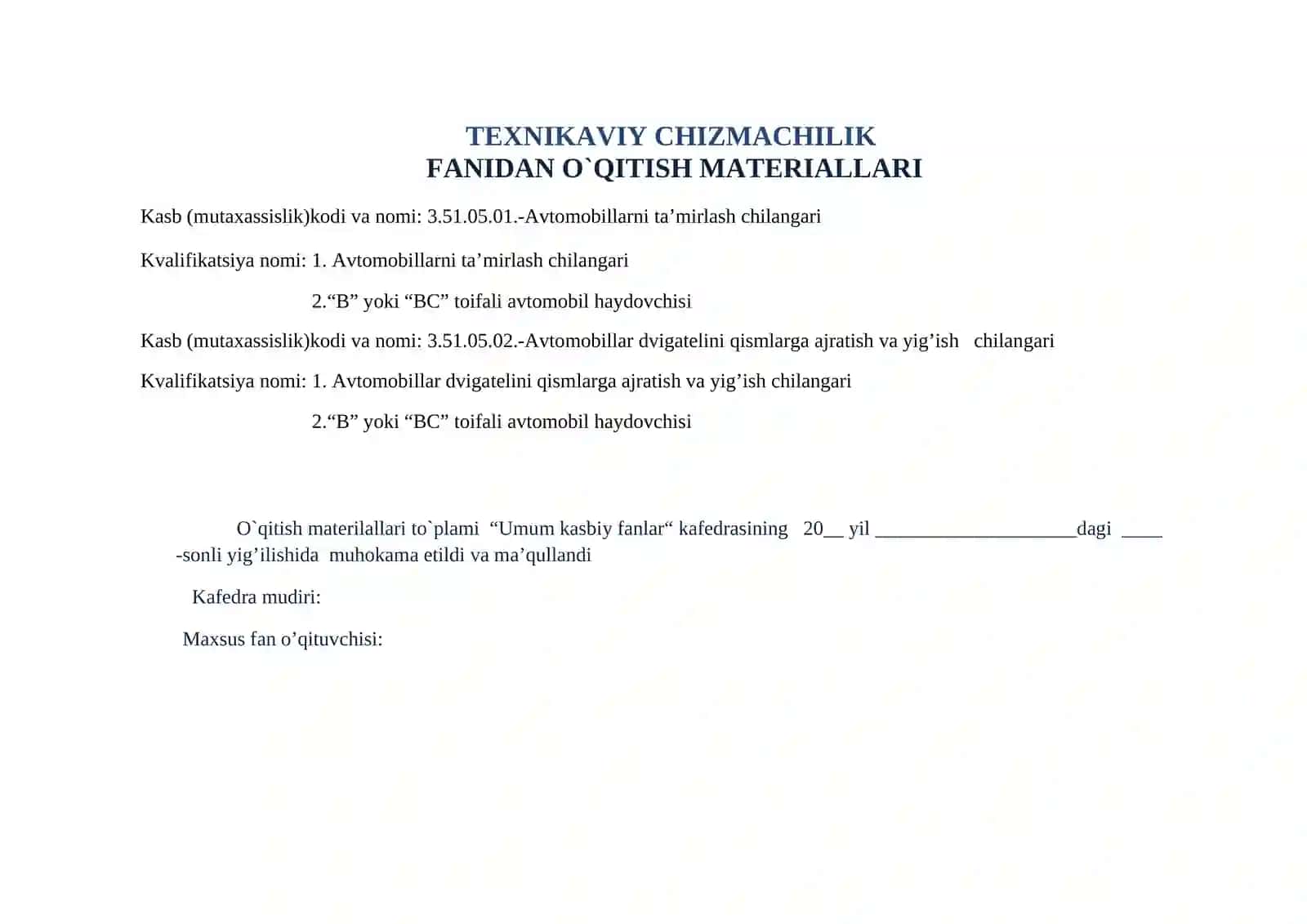 “TEXNIK CHIZMACHILIK”  FANIDAN MAVZULAR TO`PLAMI 2