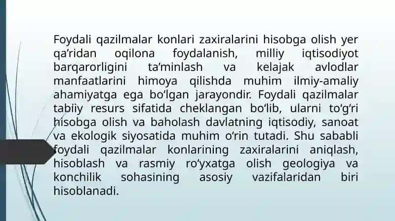 Foydali qazilmalar konlar zaxiralarini hisobga olish 2