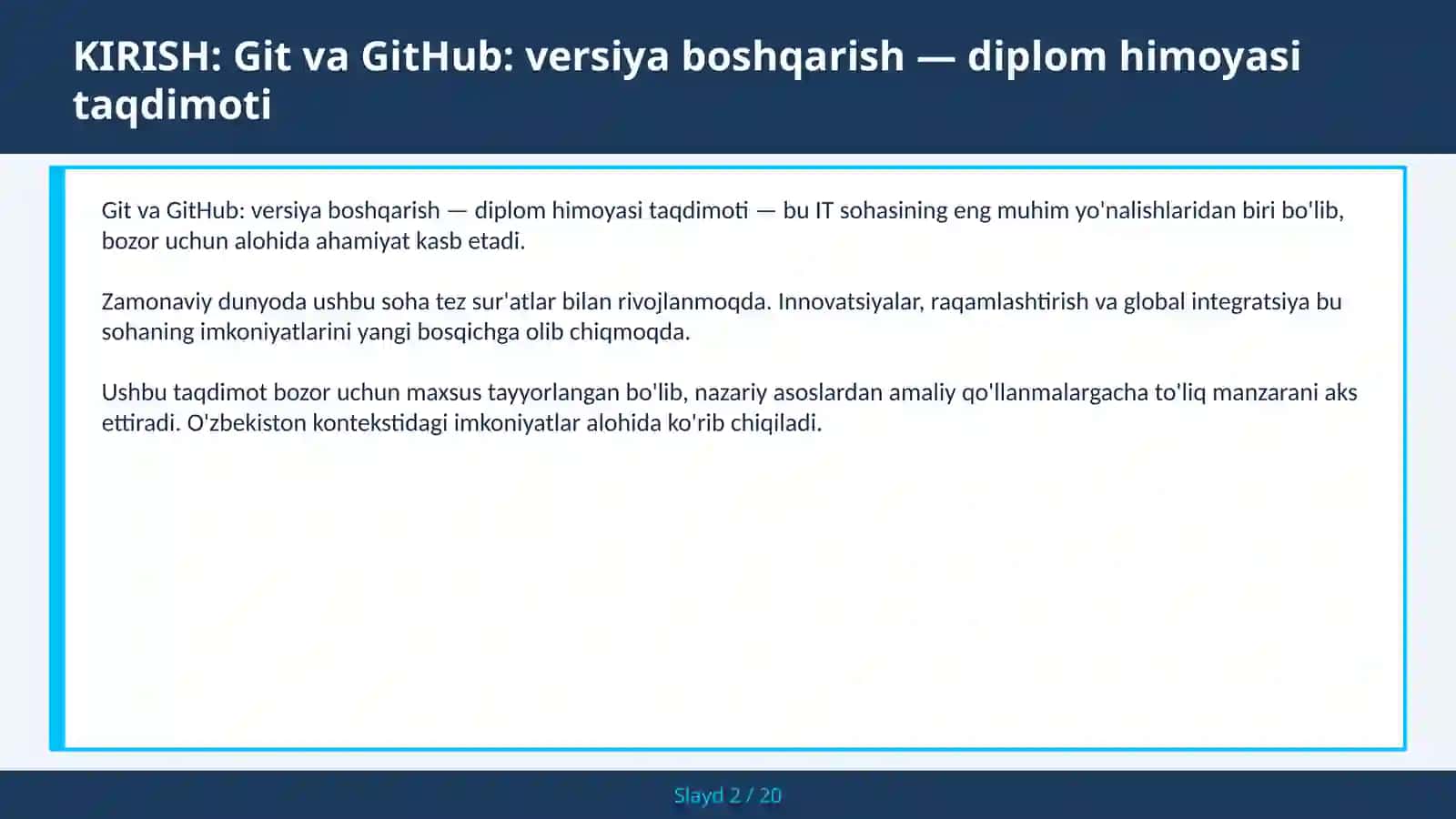 Git va GitHub: versiya boshqarish — diplom himoyasi taqdimoti 2