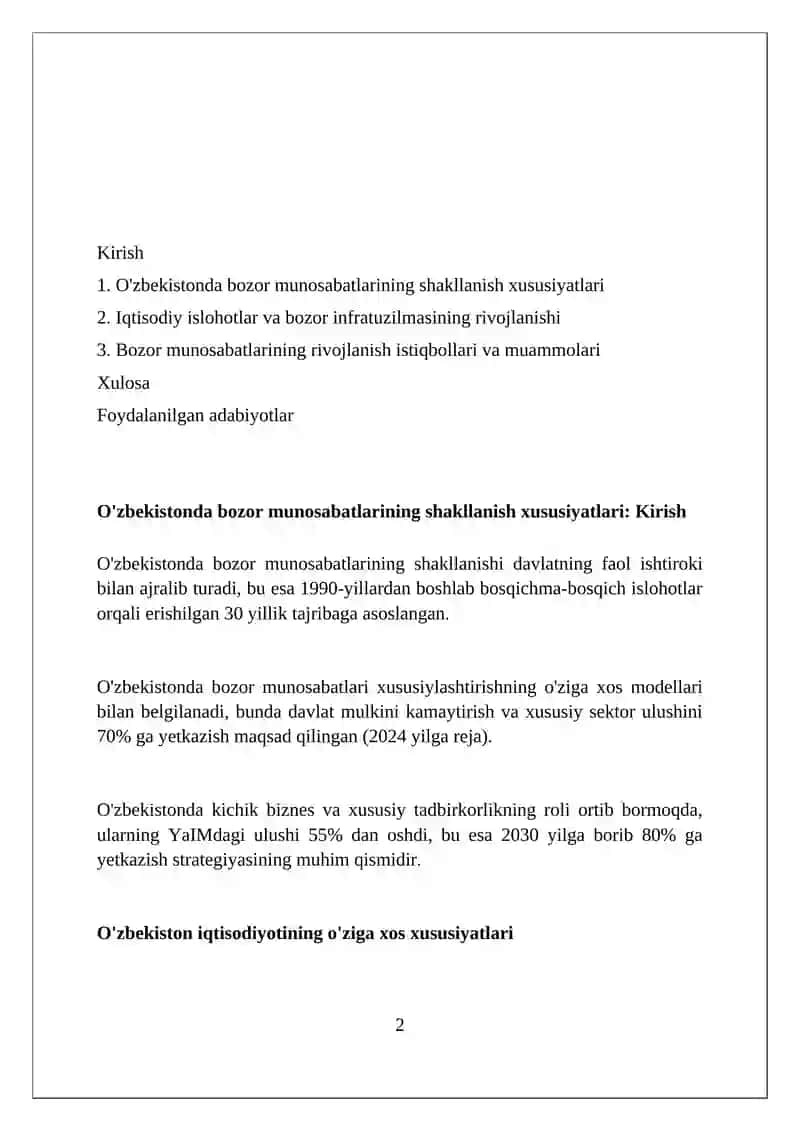 O'zbekistonda bozor munosabatlari shakllanishining o'ziga xosligi 2