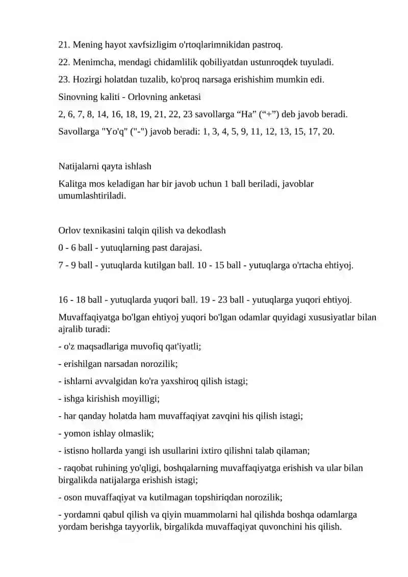 Test anketasi “Muayyan maqsadga ehtiyoj. Muvaffaqiyatga bo'lgan ehtiyojni baholash shkalasi " Yu.M.Orlov texnikasi 2