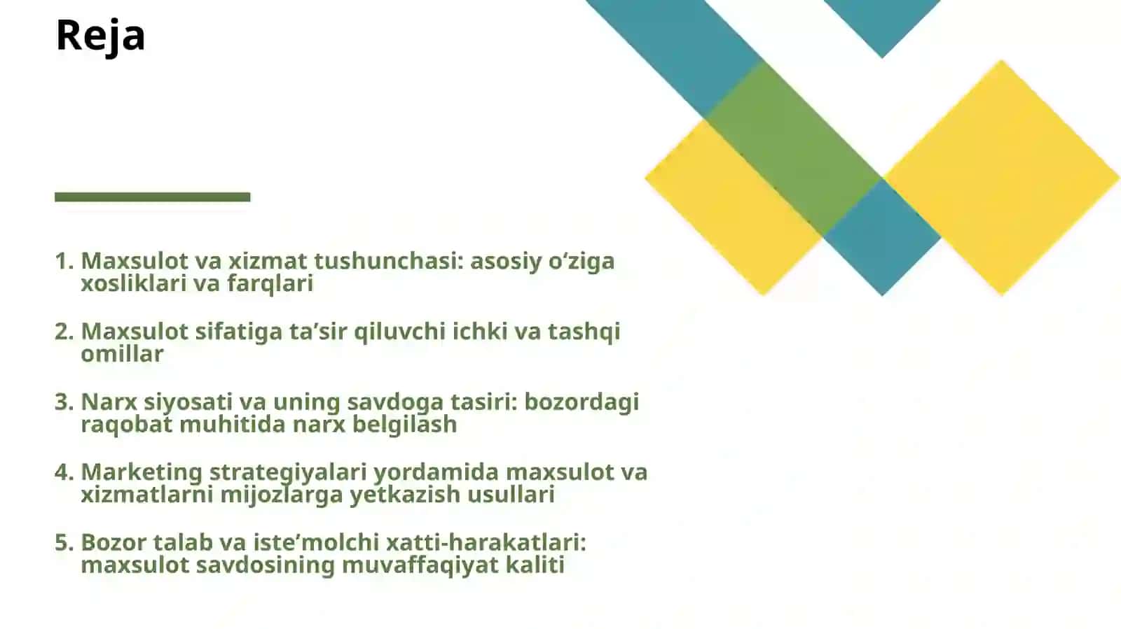 MAXSULOT YA'NI ISHI XIZMAT VA UNING SAVDOSIGA TASIR KO'RSATUVCHI OMILLAR 2