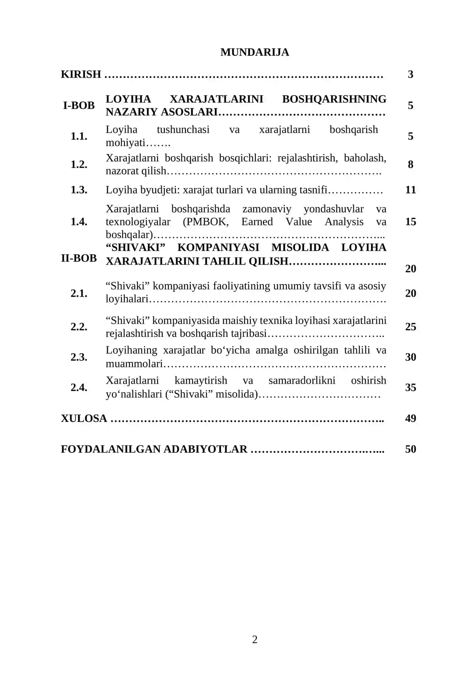 LOYIHA XARAJATLARINI BOSHQARISHNI TAHLIL QILISH 2