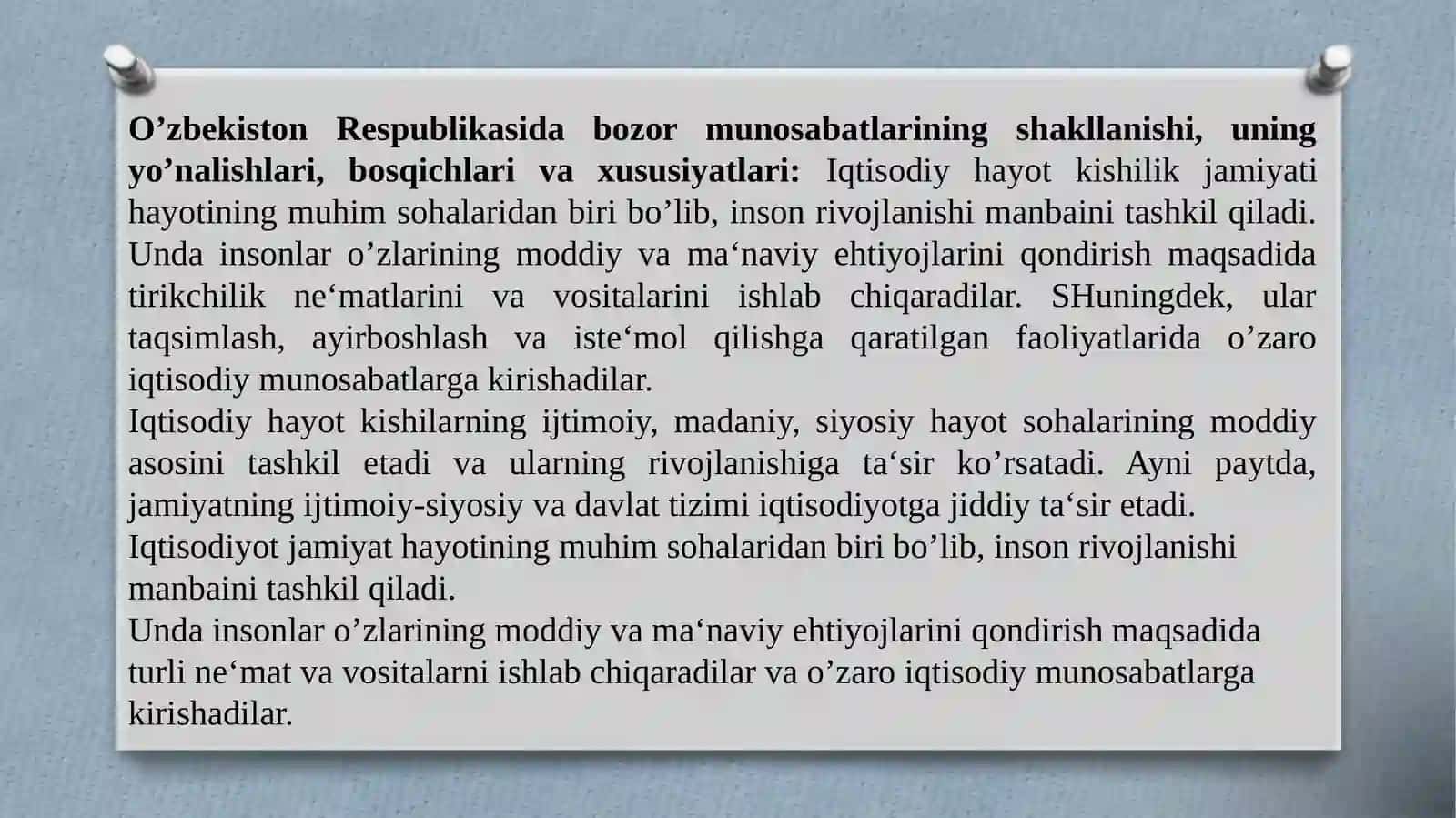 O'zbekistondagi iqtisodiy islohotlar va urning natijalari 2