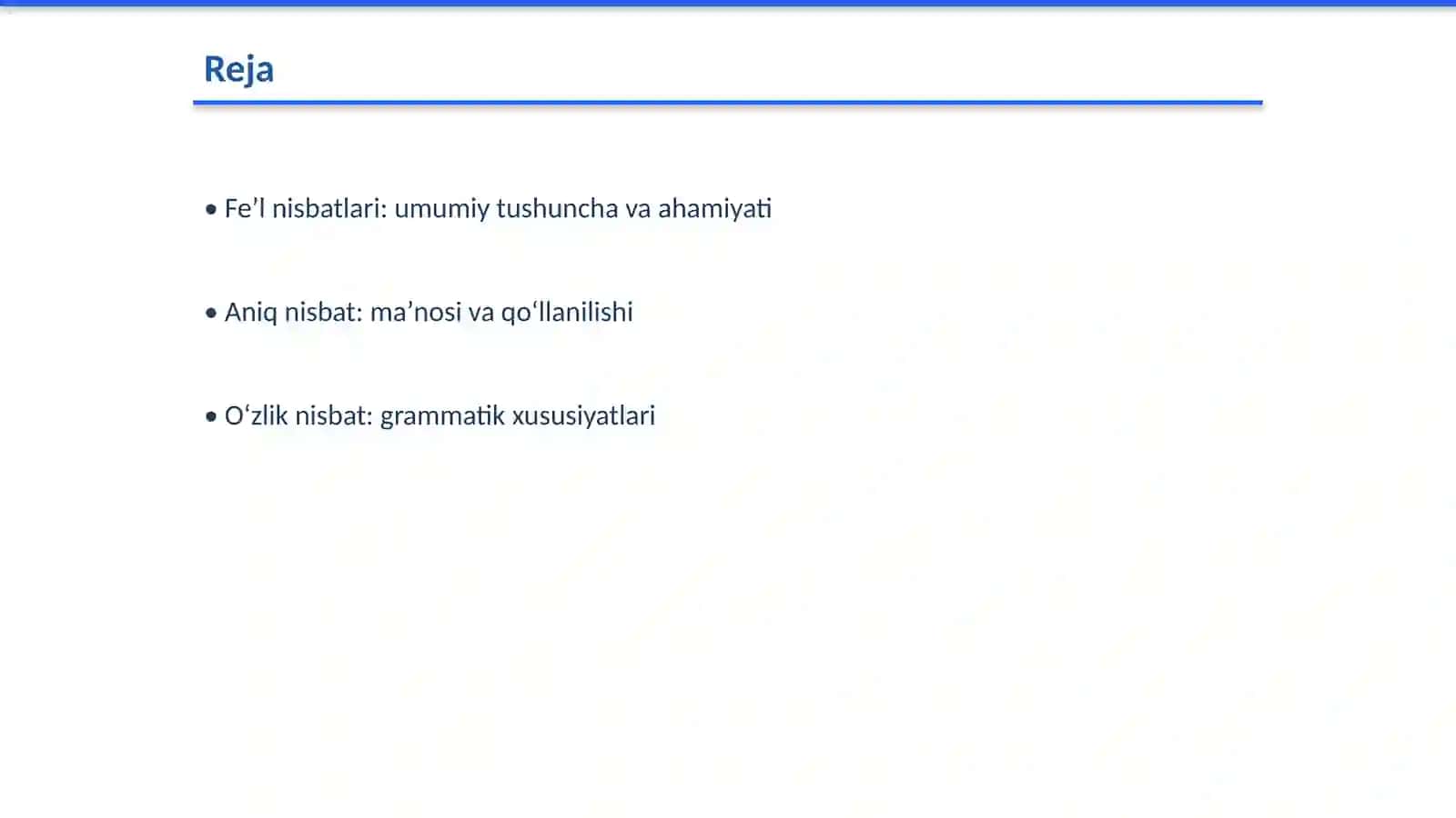 Feʼl nisbat (daraja)lari: aniq, oʻzlik, majhul, birgalik, orttirma nisbatlarining grammatik maʼnosi va shakllari 2