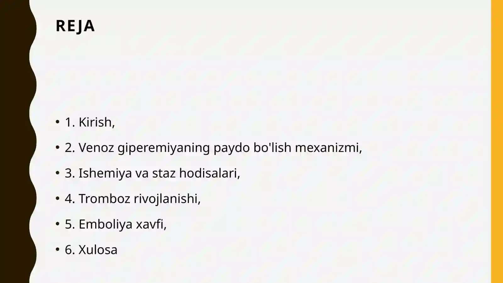 Venoz giperemiyani baqa tilida til venasini bog'lash yo'li bilan yuzaga keltirish: ishemiya, staz, tromboz, emboliyalar 2