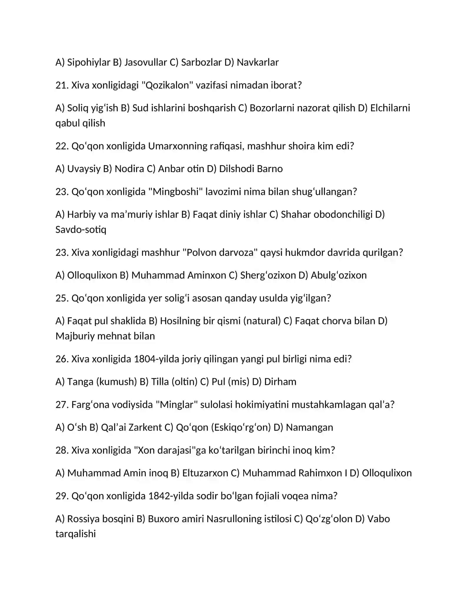 Xiva xonligida o‘zaro urushlarga chek qo‘yib, markaziy hokimiyatni mustahkamlagan o‘zbek urug‘i qaysi? 2