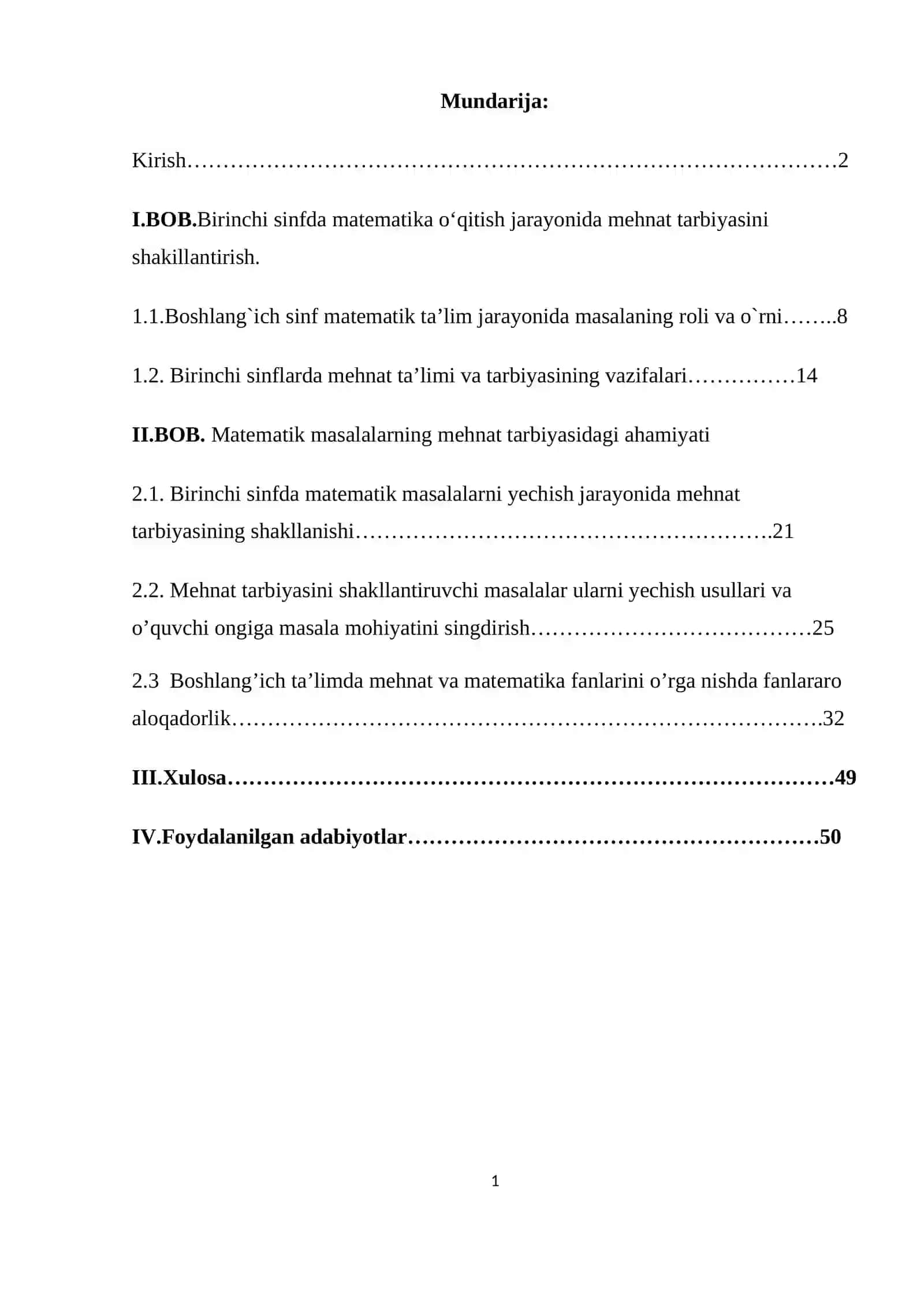 KURS ISHI Birinchi sinfda matematika o‘qitish jarayonida mehnat tarbiyasini shakillantirish metodikasi 2