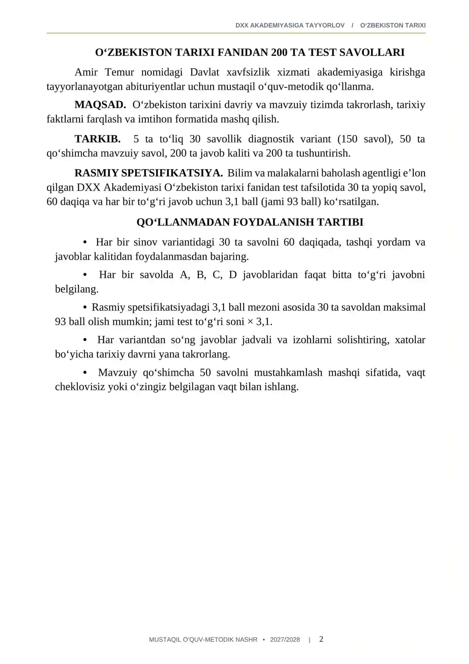 DXX AKADEMIYASIGA KIRISH O'zbekiston tarixi 200 test 2027-2028 QABUL.docx 2