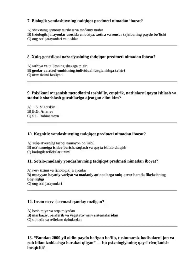 Umumiy Psixologiya sessiya savollari. Yakuniy test 2