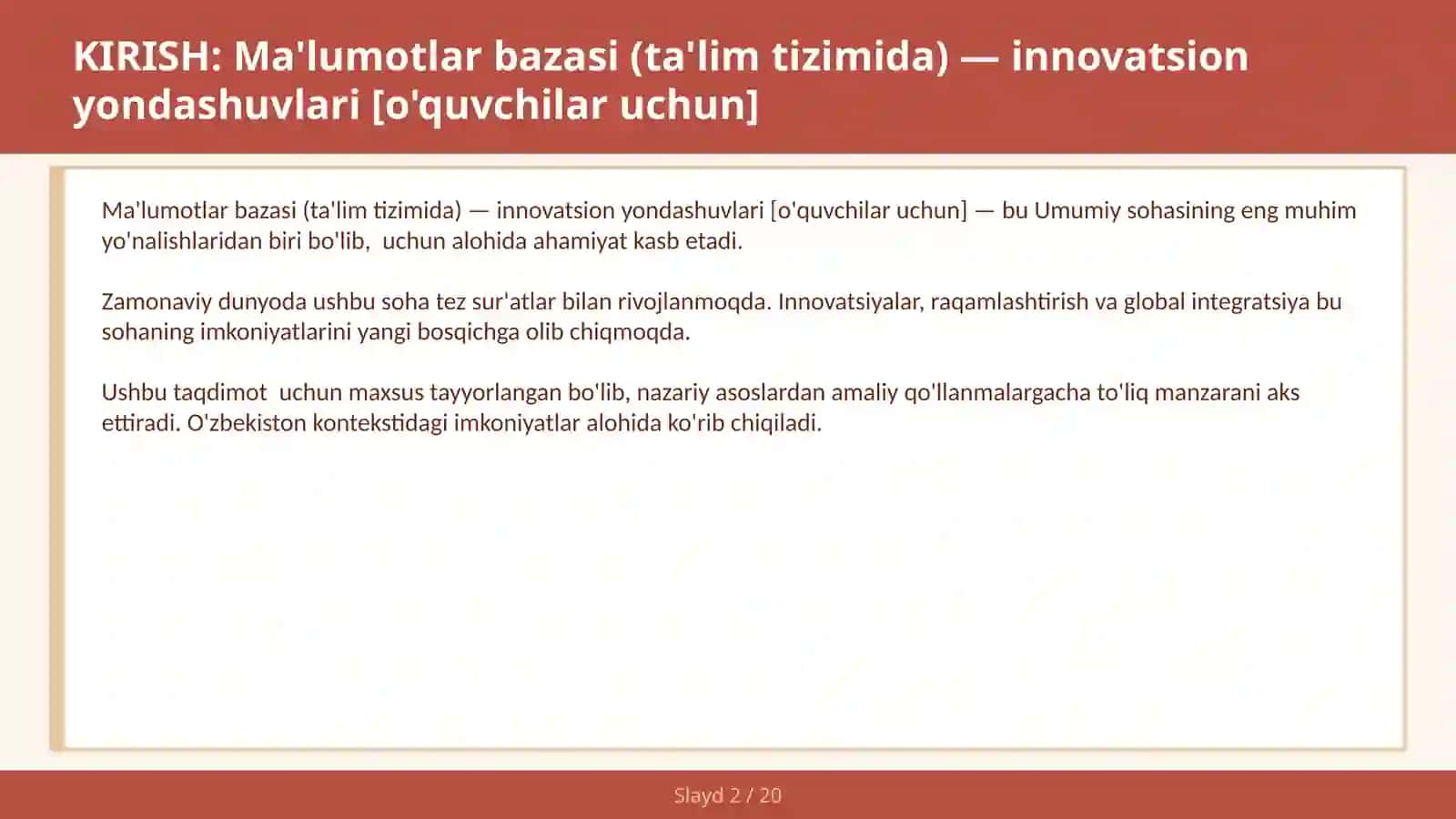 Ma'lumotlar bazasi (ta'lim tizimida) — innovatsion yondashuvlari [o'quvchilar uchun] 2