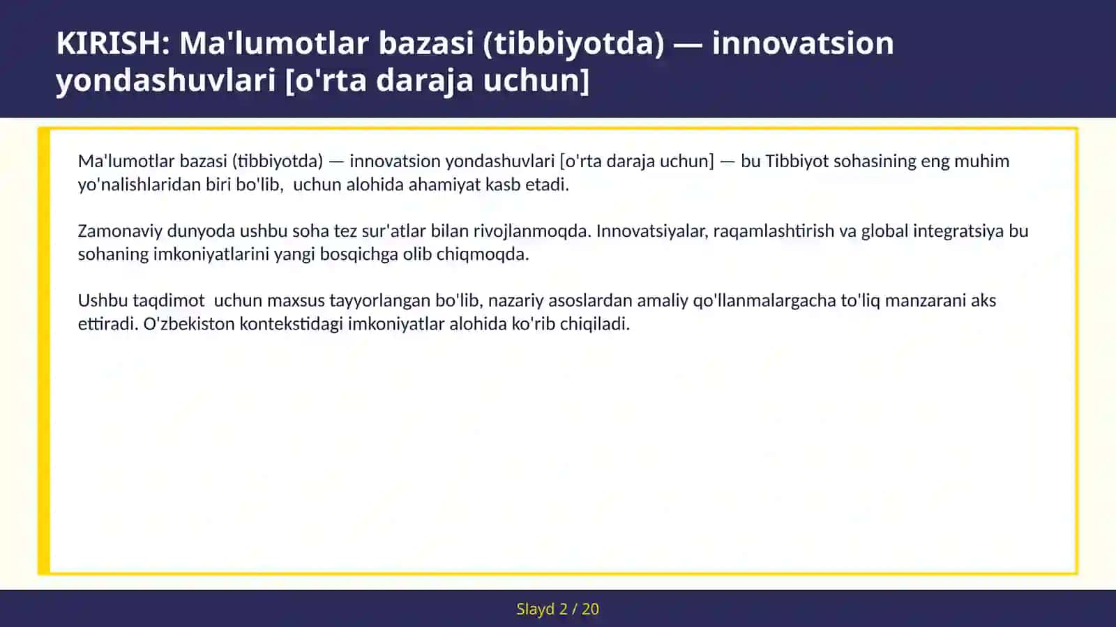 Ma'lumotlar bazasi (tibbiyotda) — innovatsion yondashuvlari [o'rta daraja uchun] 2