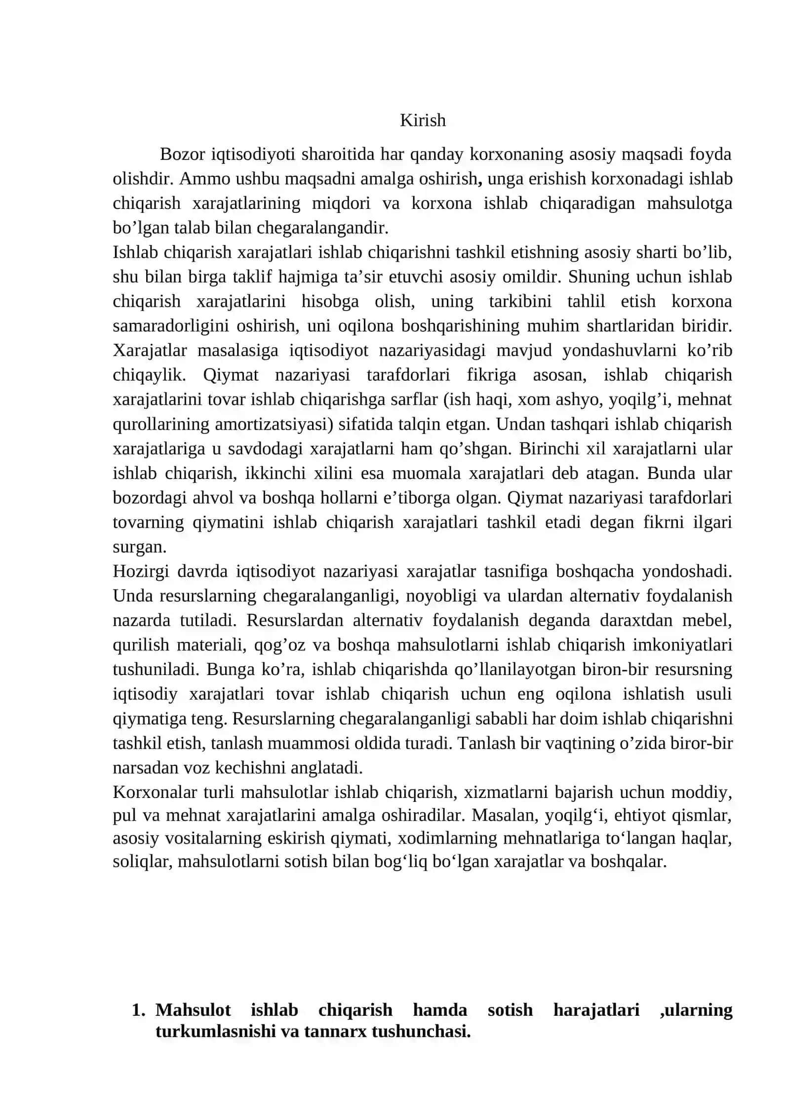 Mahsulot tannarxi tarkibi va bahoni shakllantirish maqsadida uning turlari 2