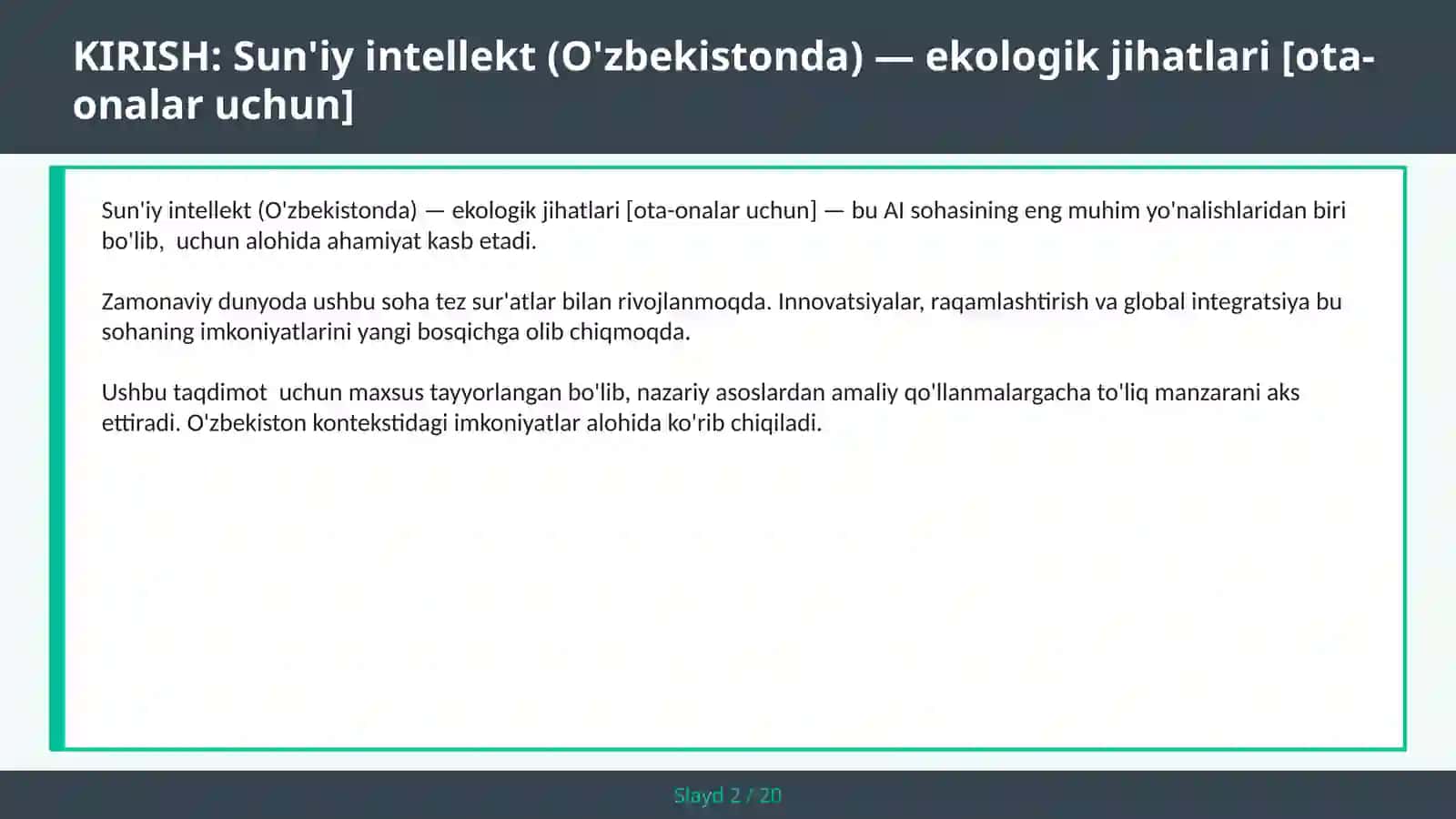 SUN'IY INTELLEKT (O'ZBEKISTONDA) — EKOLOGIK JIHATLARI [OTA-ONALAR UCHUN] 2