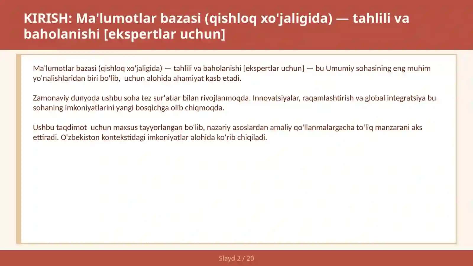 Ma'lumotlar bazasi (qishloq xo'jaligida) — tahlili va baholanishi [ekspertlar uchun] 2